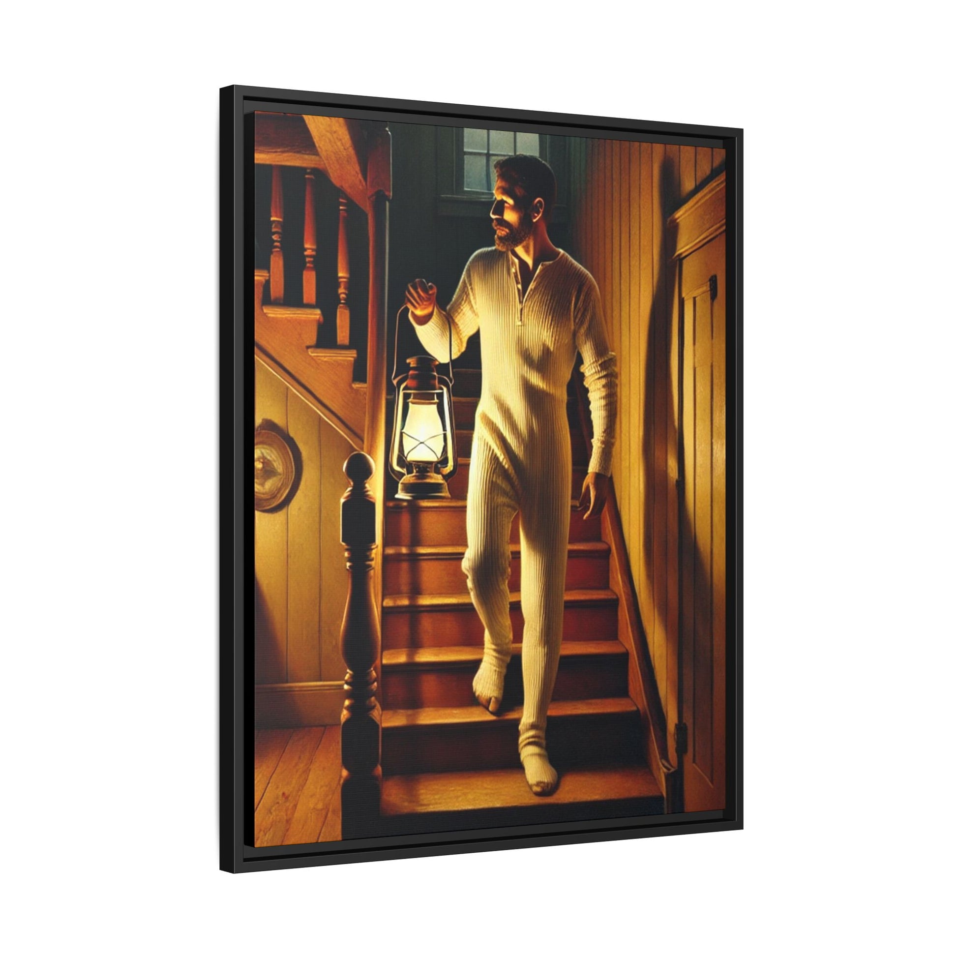 Atmospheric artwork of a man descending wooden stairs with a lantern, inspired by Grant Wood’s rural themes.