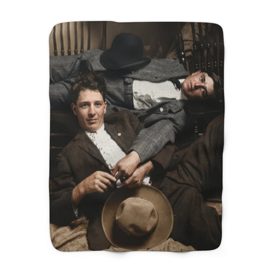 Heirloom sherpa blanket featuring two young men in a reclining historical studio portrait