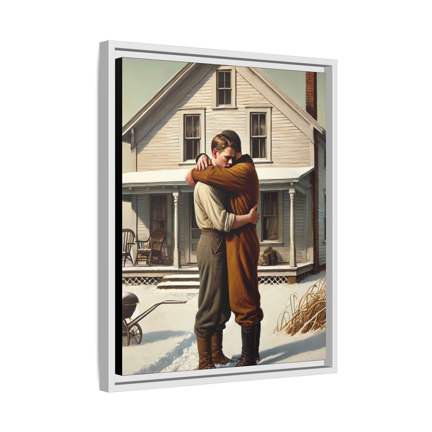 Artwork of a tender moment between a gay couple embracing outside a farmhouse in a snowy, rural landscape. Dressed in vintage attire, the two men find warmth and comfort in each other’s arms, capturing love and connection in a serene, Americana winter setting