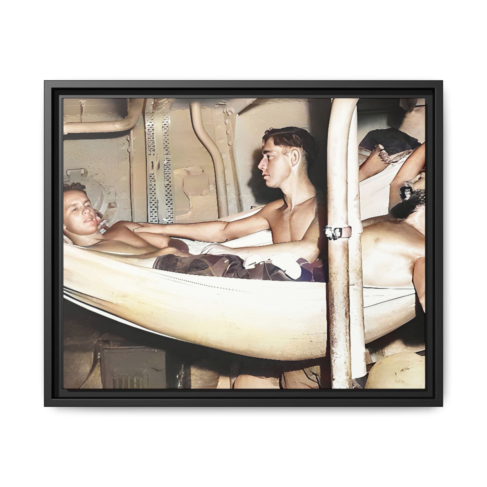 A framed vintage maritime photo on matte canvas featuring sailors aboard the Orleans, capturing life at sea and camaraderie.