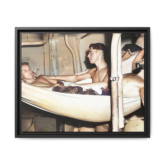 A framed vintage maritime photo on matte canvas featuring sailors aboard the Orleans, capturing life at sea and camaraderie.