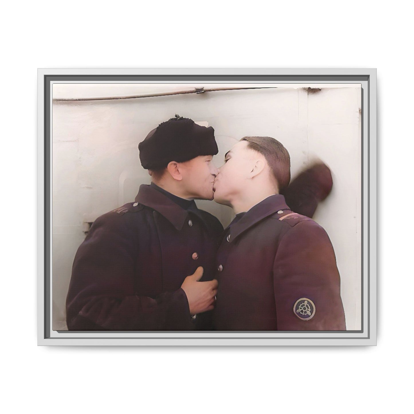 A restored vintage photograph of two Russian soldiers in uniform sharing an intimate moment at a military outpost in Surgut, Russia. Their embrace reflects resilience, love, and defiance against societal norms, making this a powerful tribute to LGBTQ+ history and wartime romance. Винтажное фото | гей-пара