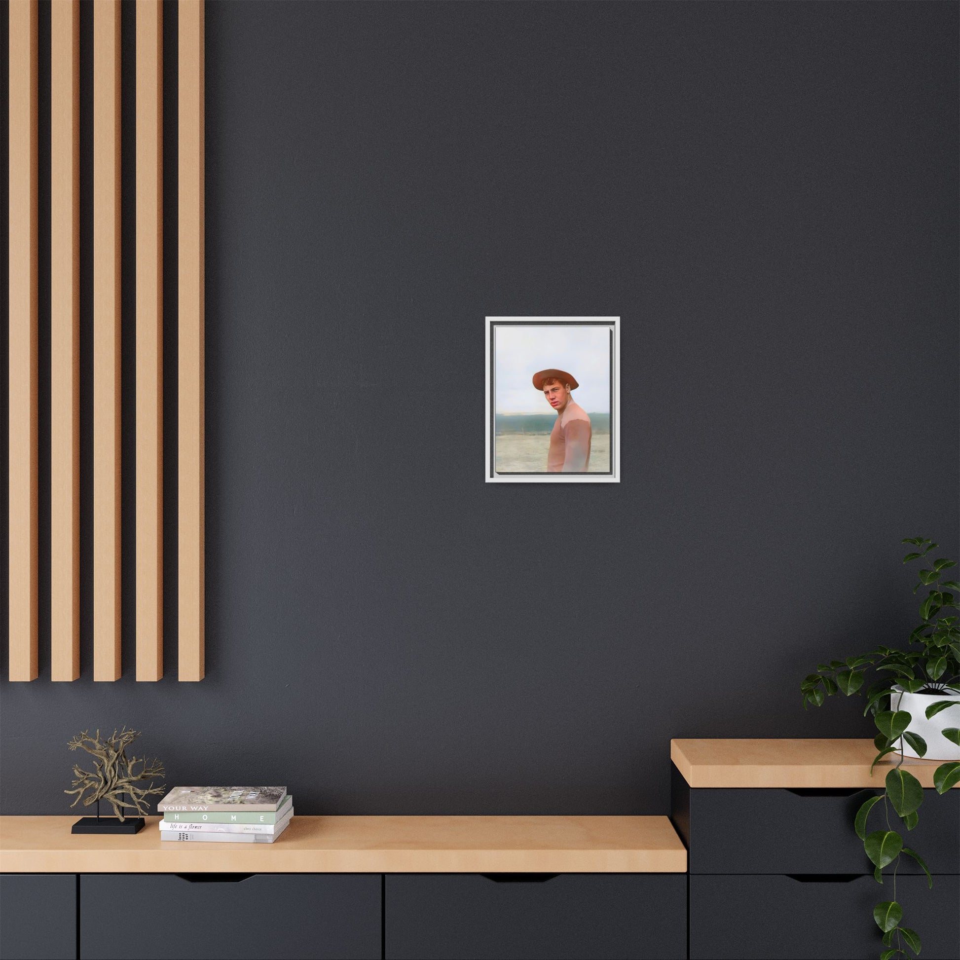 A framed vintage portrait on matte canvas featuring Victor at Cannon Beach, Oregon, capturing the rugged beauty of coastal life.