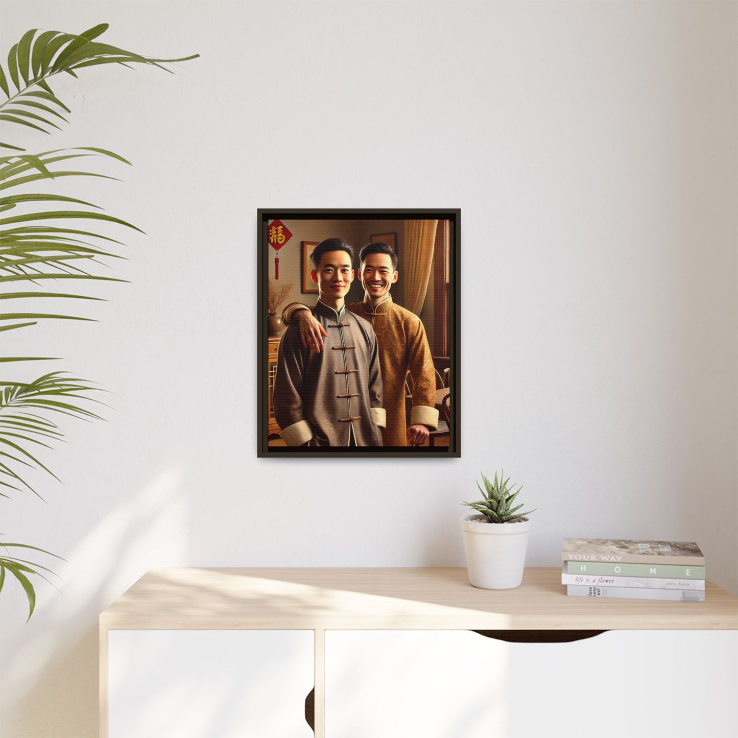 Artwork featuring a joyful portrait of a Chinese queer couple celebrating Chinese New Year in traditional attire. Set in a cozy American home adorned with subtle decorations, this image captures love, cultural pride, and warmth, blending Chinese heritage with a Midwestern setting