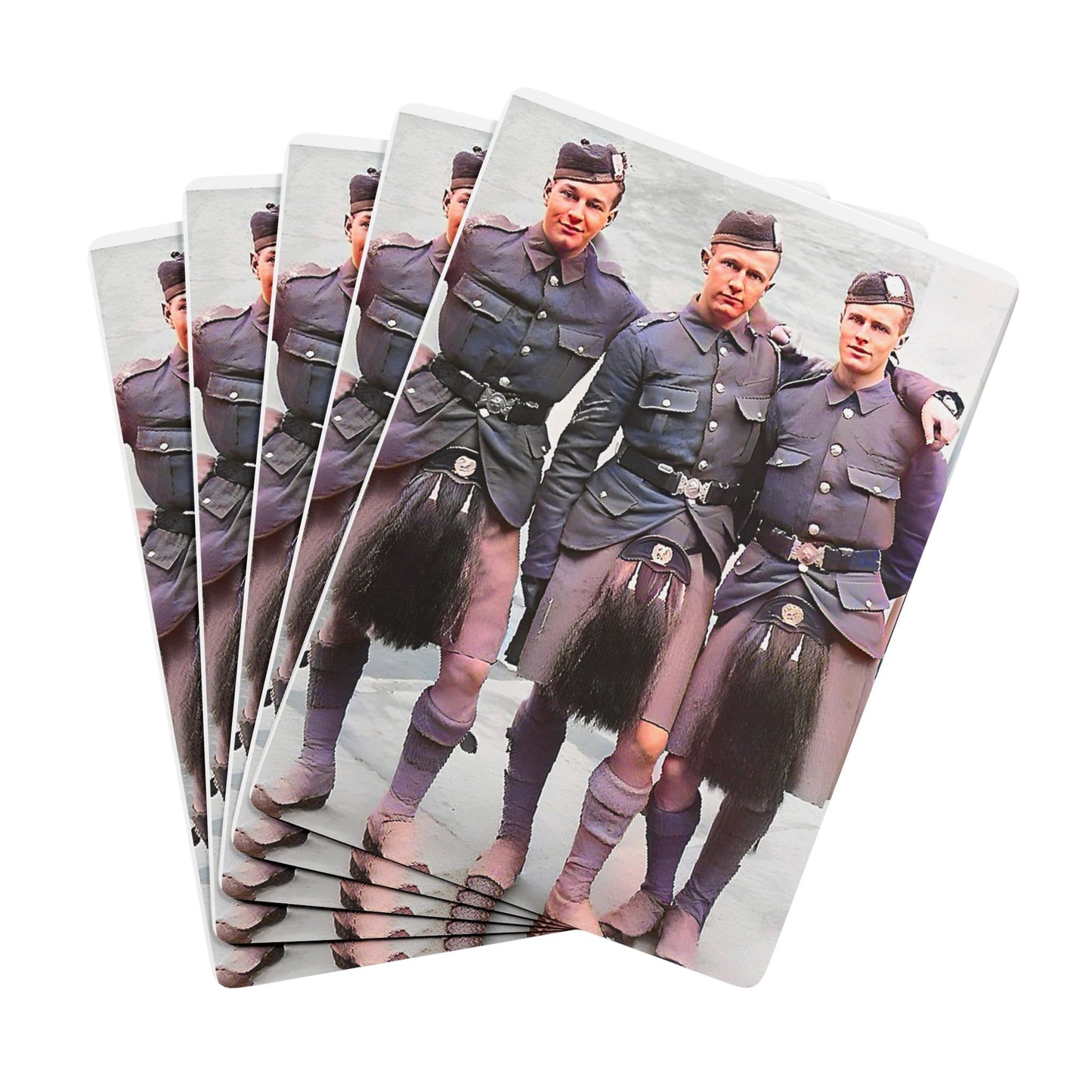 Vintage poker cards featuring three Gordon Highlanders in full regimental dress, honoring Scottish military history.