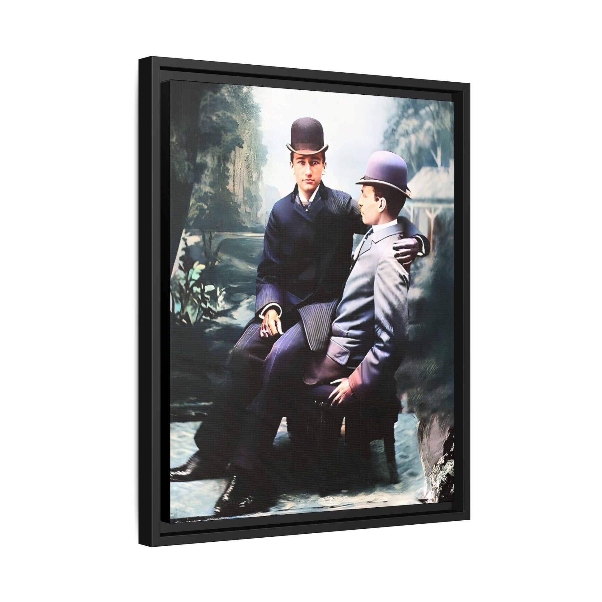 Restored 1800s photo of Cash & Arwood, Irish gay couple in loving pose, framed canvas print