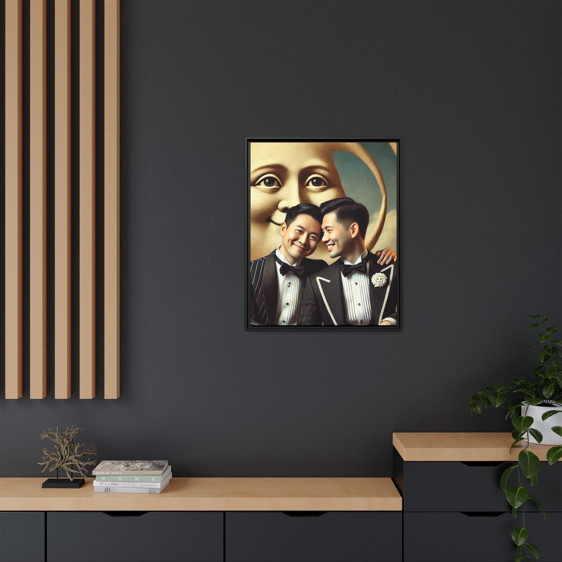 Framed matte canvas featuring a joyful queer Asian couple in tuxedos standing beneath a crescent moon. This artwork, part of the Missing Art Studies series, reimagines erased queer histories with warmth, dignity, and vintage-inspired style.