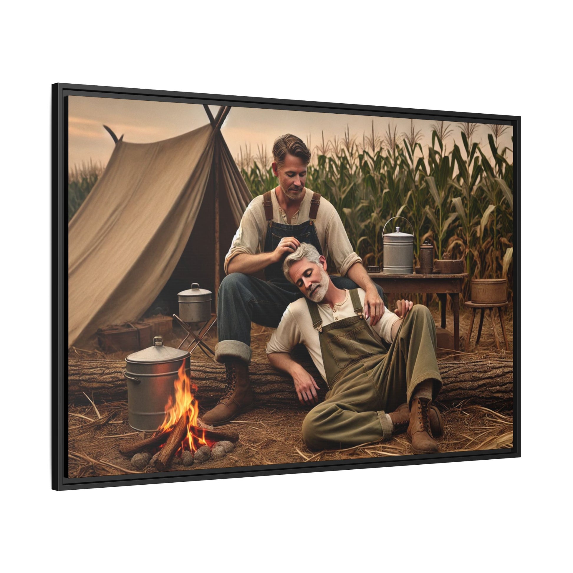 Older queer couple sharing a tender moment by the campfire, celebrating love