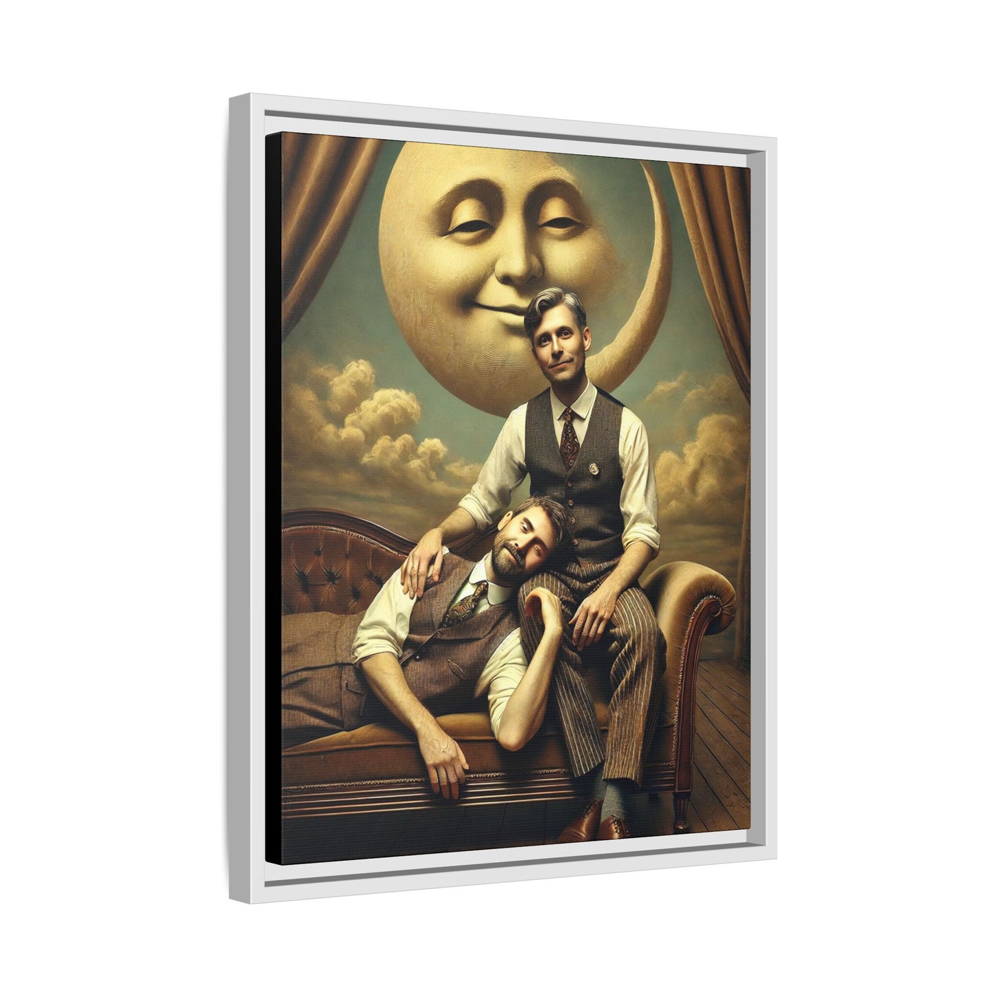 Vintage-style artwork of two men in 1920s clothing sitting close, one resting his head on the other’s lap beneath a smiling moon. Surrounded by theatrical curtains and clouds, this original piece honors lost queer love and challenges historical erasure with tenderness and pride.