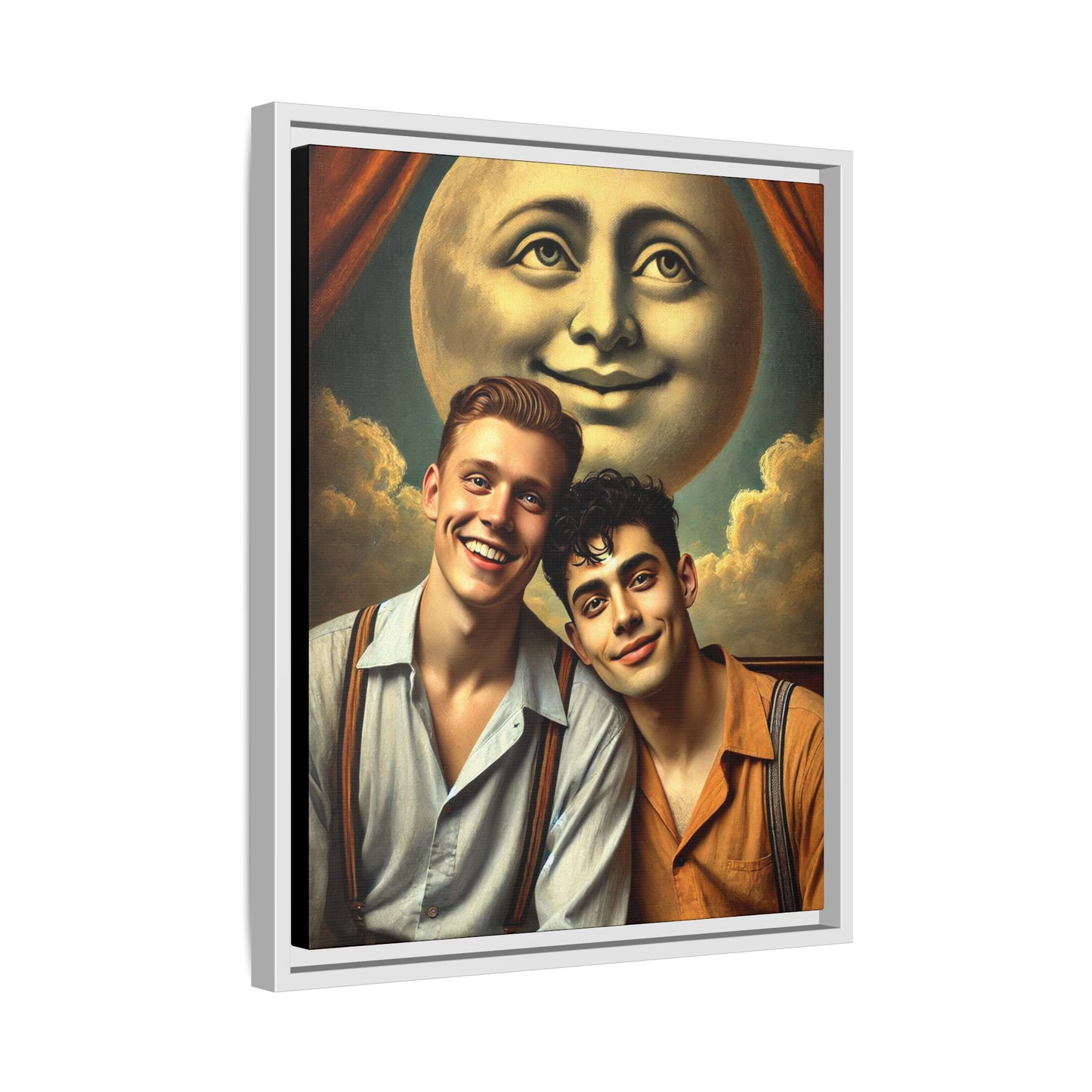 Framed artwork featuring a joyful queer couple in 1930s attire, seated close together beneath a smiling full moon in a theatrical studio setting. A celebration of reclaimed LGBTQ+ narratives in nostalgic portraiture.