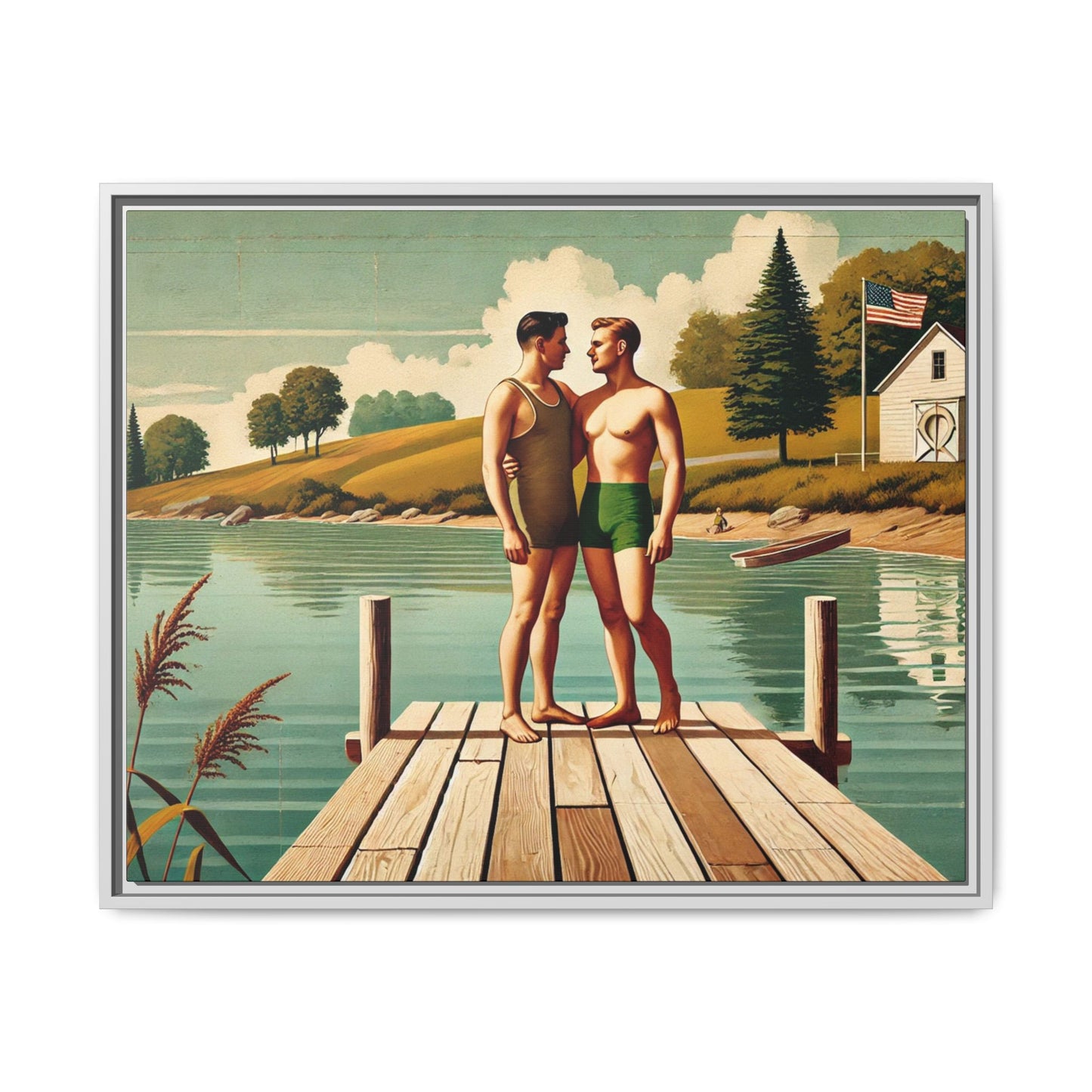 Framed artwork of a gay couple sharing a tender moment on a wooden dock by a peaceful lake, dressed in vintage swimwear. Set against rolling hills and a lakeside cabin, this nostalgic scene honors LGBTQ+ love in a serene Midwestern summer setting.