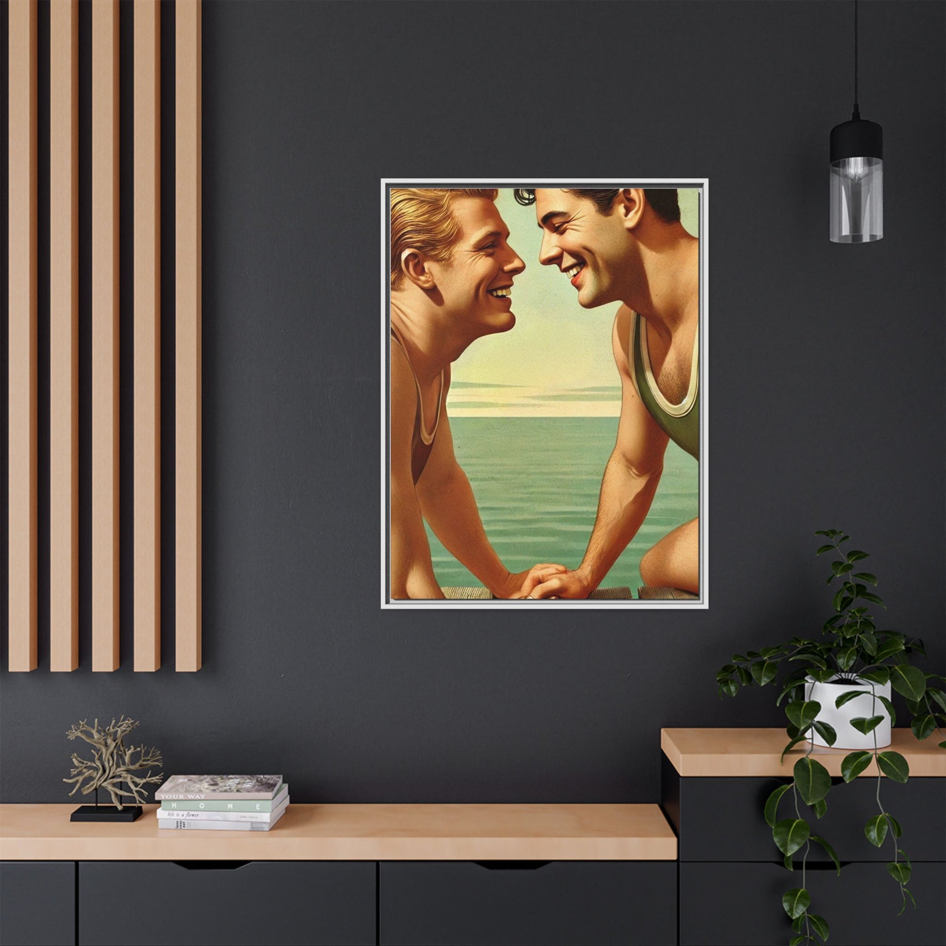 Vintage-style artwork of a joyful 1930s moment between a gay couple by the lake, dressed in classic swimwear and sharing warm smiles. Set on a serene wooden dock, this piece captures love, companionship, and LGBTQ+ history in an idyllic, nostalgic summer setting.