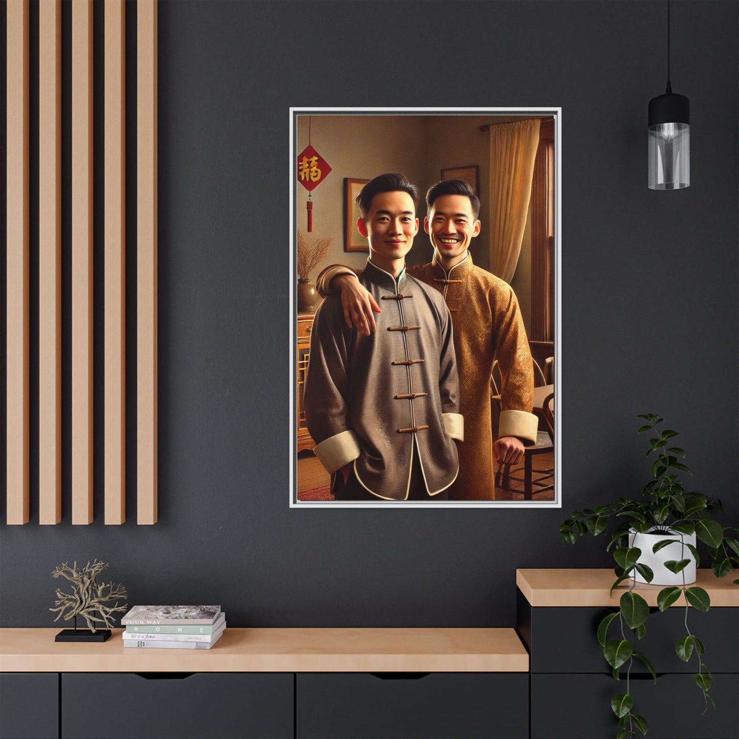 Artwork featuring a joyful portrait of a Chinese queer couple celebrating Chinese New Year in traditional attire. Set in a cozy American home adorned with subtle decorations, this image captures love, cultural pride, and warmth, blending Chinese heritage with a Midwestern setting