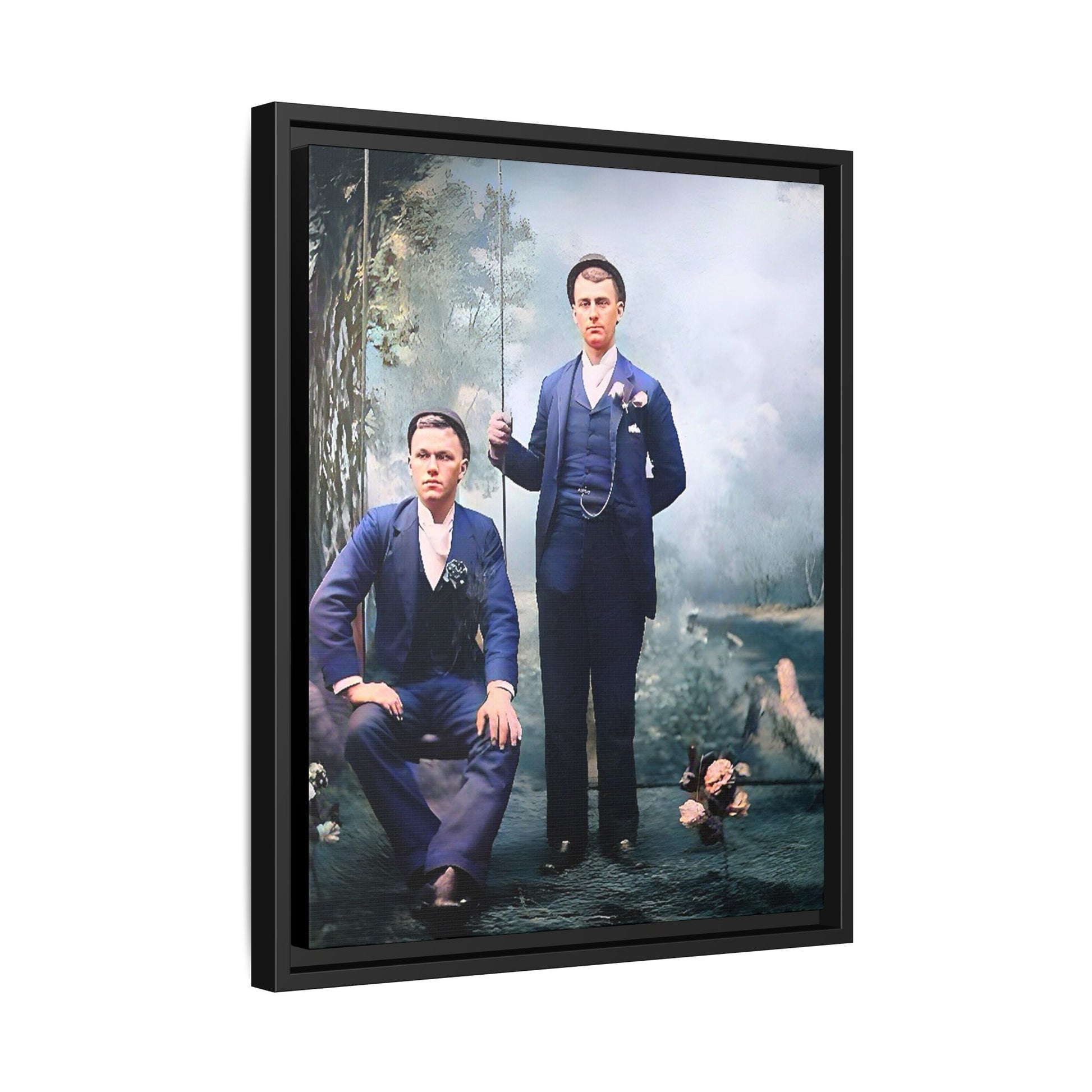 A restored vintage portrait of David & Earnest in Monongahela City, Pennsylvania. This framed matte canvas honors LGBTQ+ history, elegance, and enduring love. Gay Couple