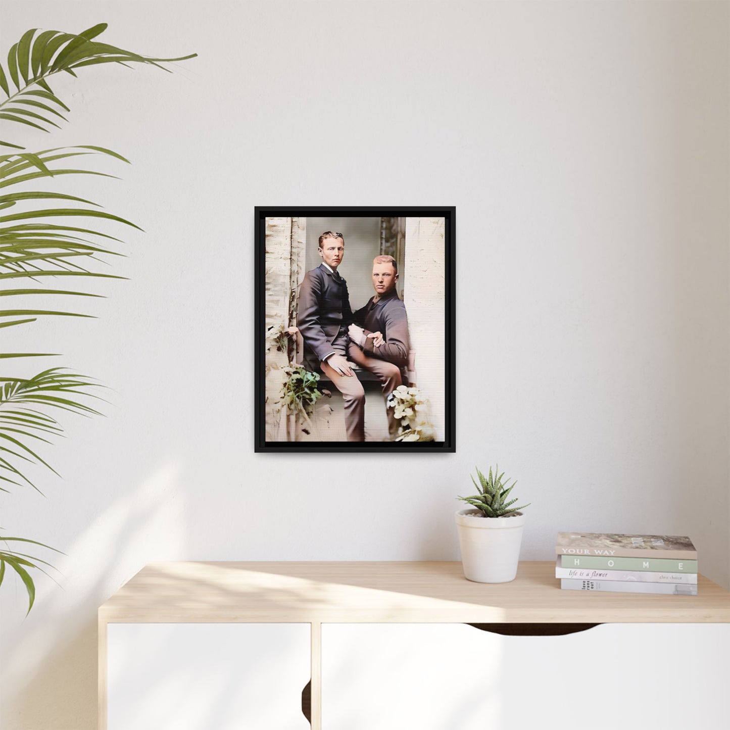 Restored vintage photo of Albert & Harold in tender embrace, Austin TX gay couple, framed art
