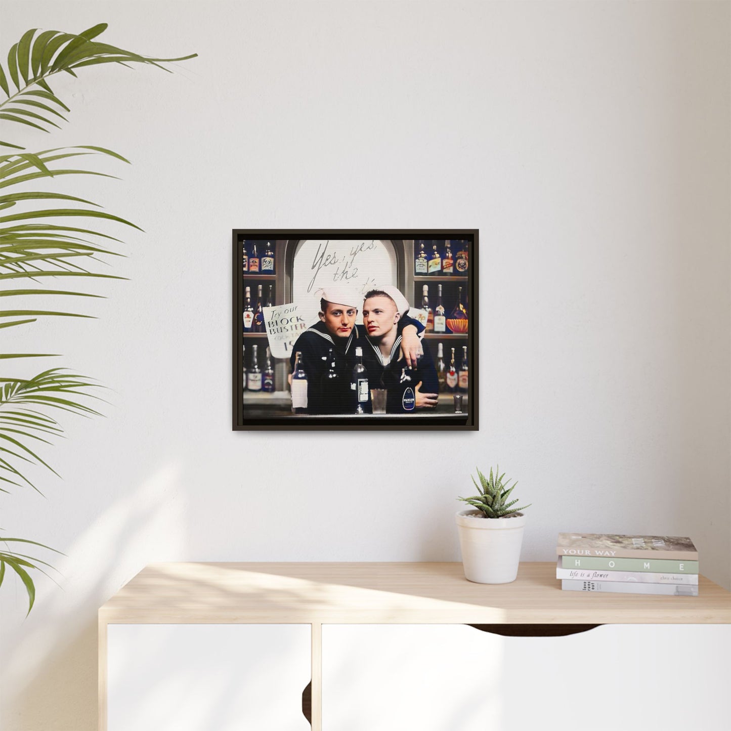 A restored vintage photo of Matt & Cory at Naval Air Station Alameda, CA. This framed matte canvas print captures camaraderie, LGBTQ+ history, and the spirit of military service, making it a unique and nostalgic keepsake for history lovers. Gay Couple Sailors
