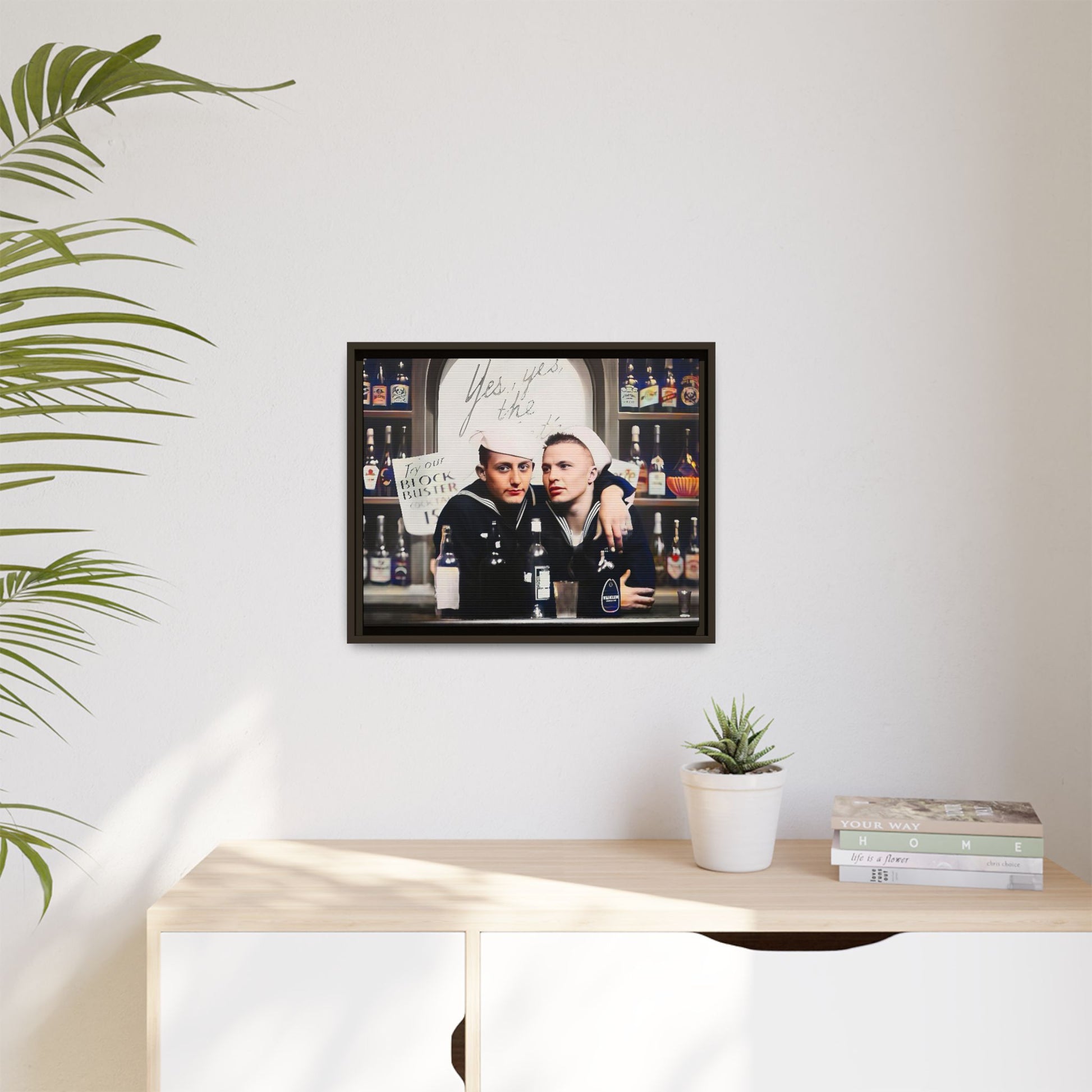 A restored vintage photo of Matt & Cory at Naval Air Station Alameda, CA. This framed matte canvas print captures camaraderie, LGBTQ+ history, and the spirit of military service, making it a unique and nostalgic keepsake for history lovers. Gay Couple Sailors