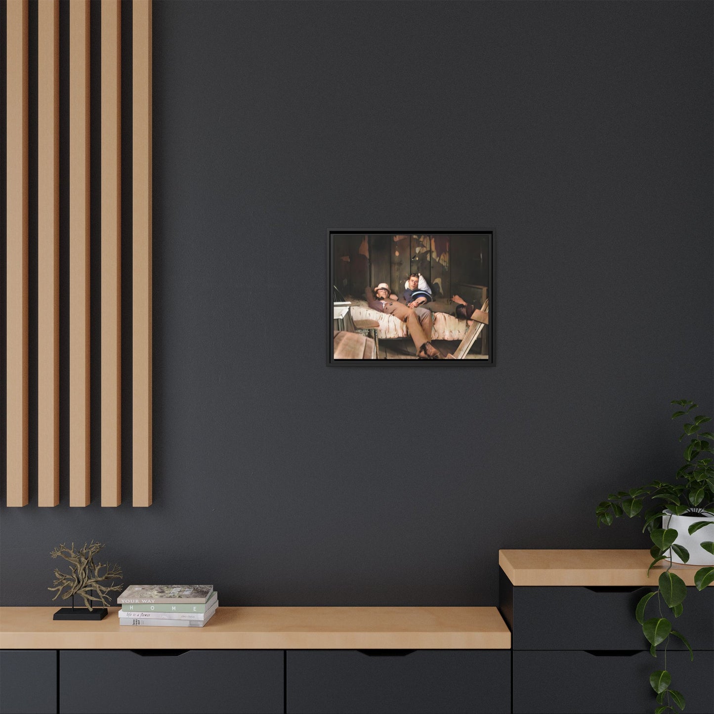 A vintage portrait of Henry & Joseph in a rustic Oregon cabin. This framed matte canvas captures LGBTQ+ history, love, and the beauty of a quiet, intimate moment, making it a timeless and meaningful addition to any collection or home. Gay Couple in bed.
