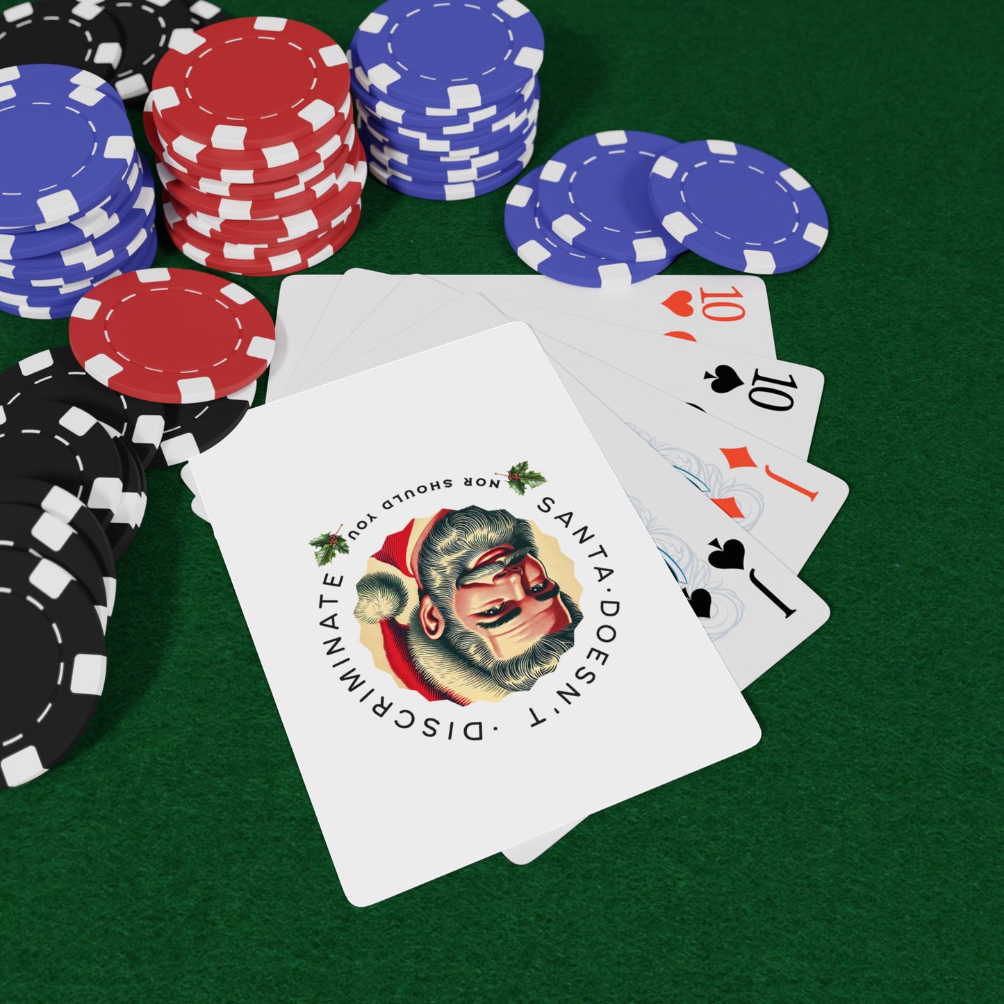 Christmas Poker Cards featuring a retro Santa Claus with the message 'Santa Doesn’t Discriminate – Nor Should You.