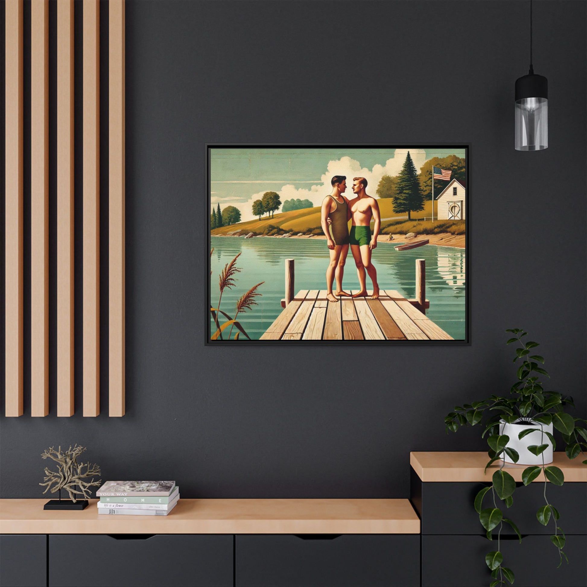 Framed artwork of a gay couple sharing a tender moment on a wooden dock by a peaceful lake, dressed in vintage swimwear. Set against rolling hills and a lakeside cabin, this nostalgic scene honors LGBTQ+ love in a serene Midwestern summer setting.