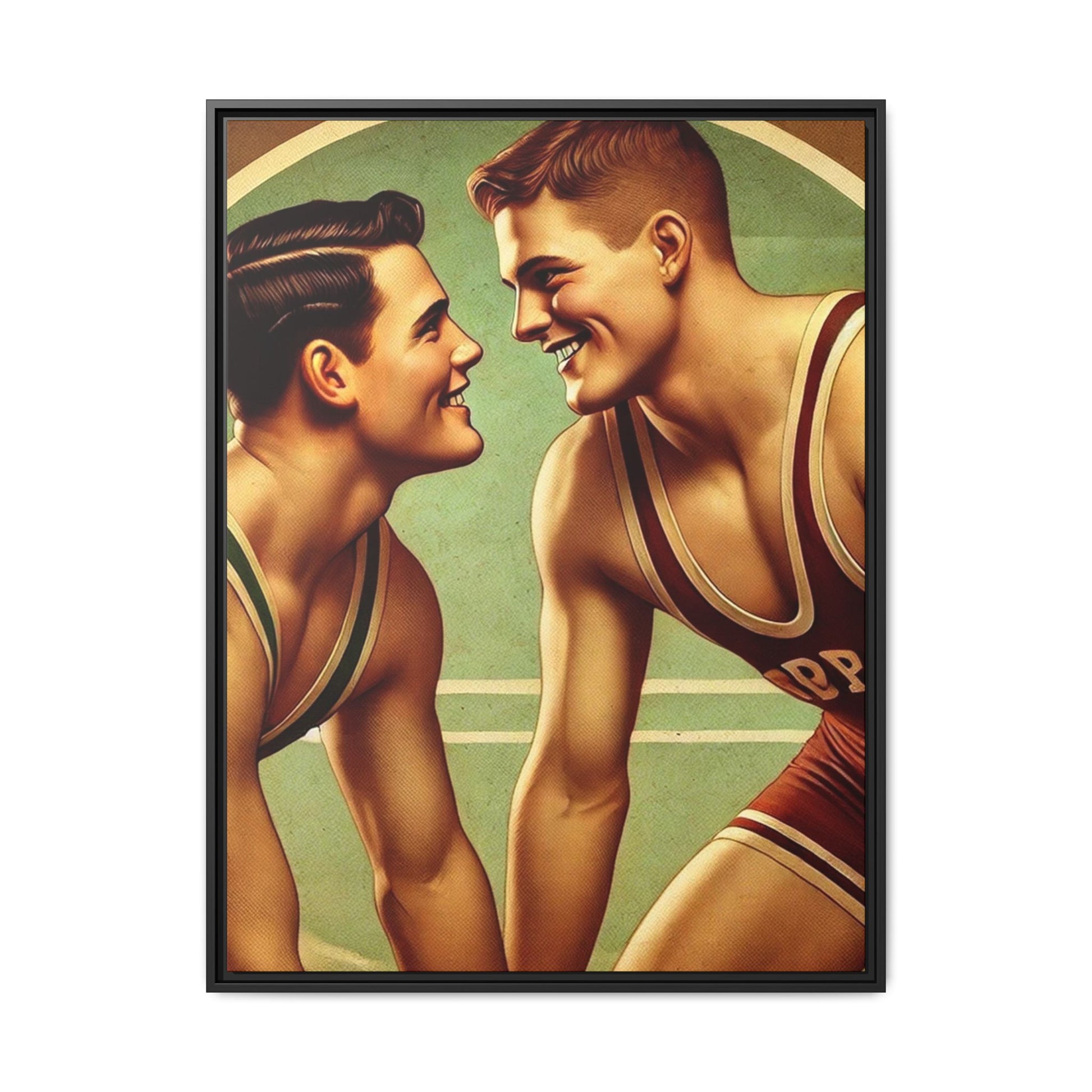 Framed artwork of two young wrestlers in vintage singlets on a stylized mat, inspired by Grant Wood's nostalgic Americana style.