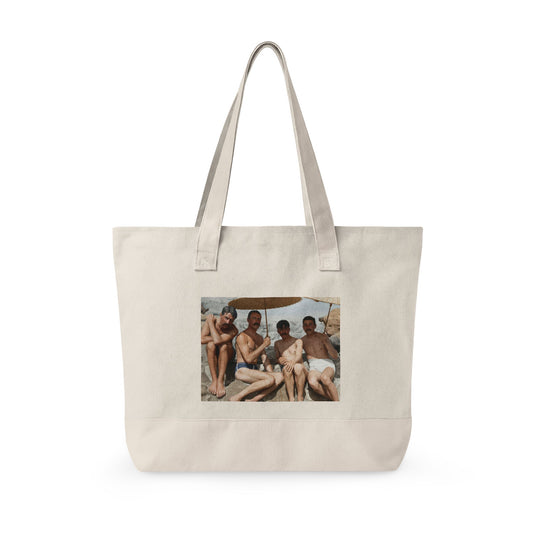Restored vintage men group beach photo tote bag