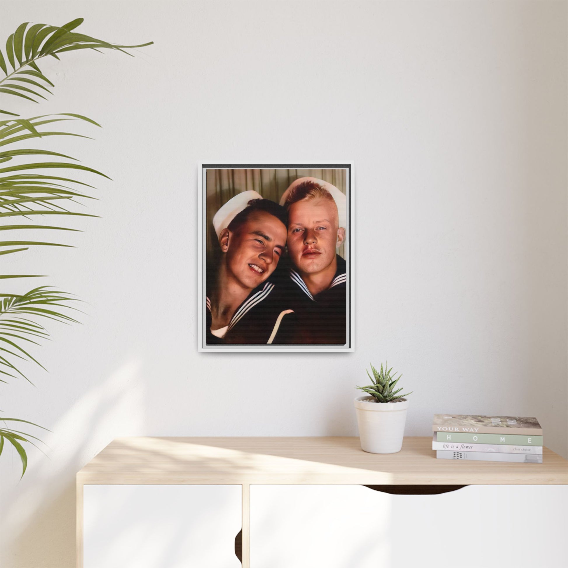 A framed vintage sailor portrait on matte canvas featuring Ray and Clyde in Newport, Rhode Island, capturing timeless LGBTQ+ love and companionship. Gay Couple Photo Booth