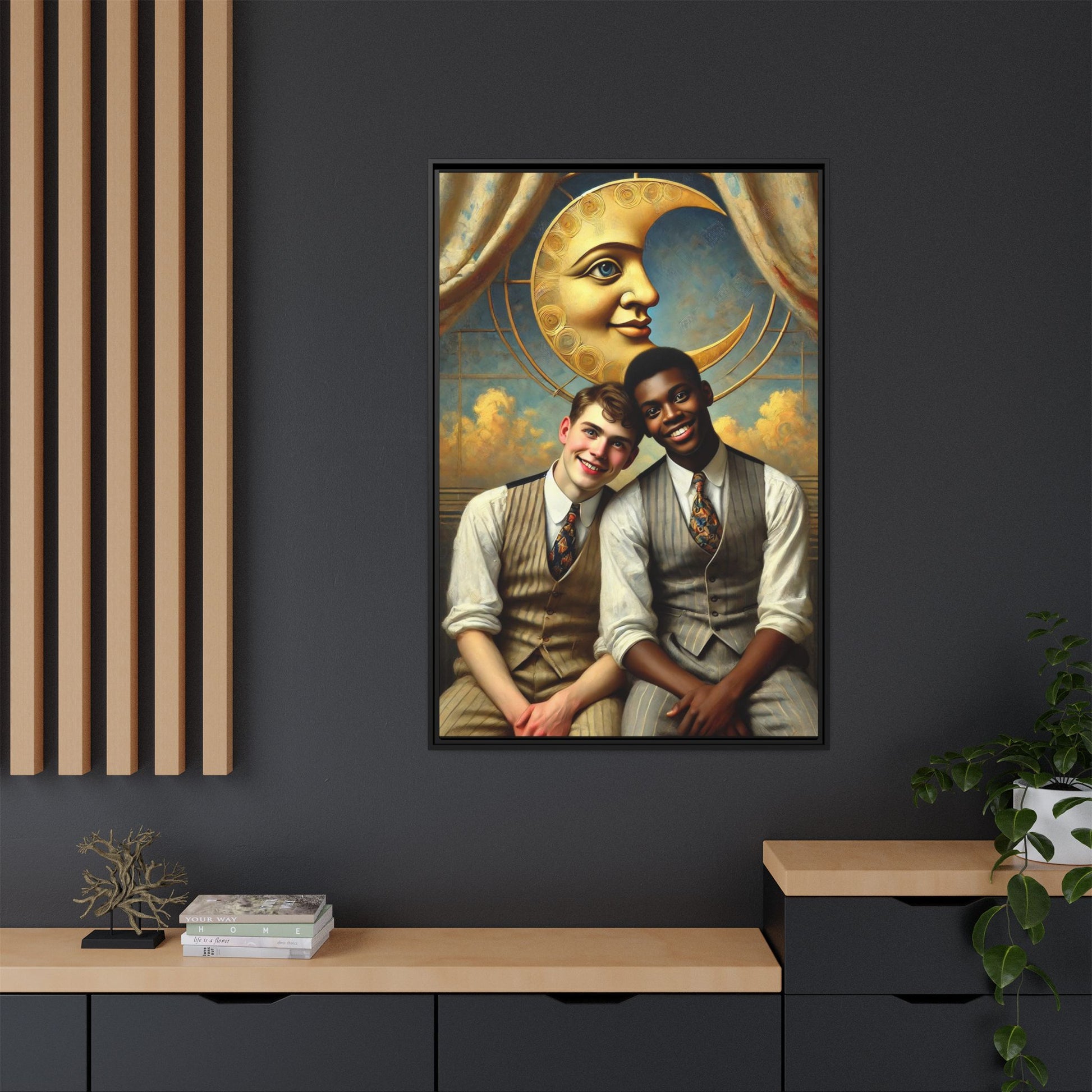 A vintage-style artwork showing a young interracial gay couple in 1920s attire sitting beneath a golden crescent moon with a serene expression. Their joyful closeness reclaims erased queer history and reflects the beauty of interracial love through a lens of tenderness and celebration.
