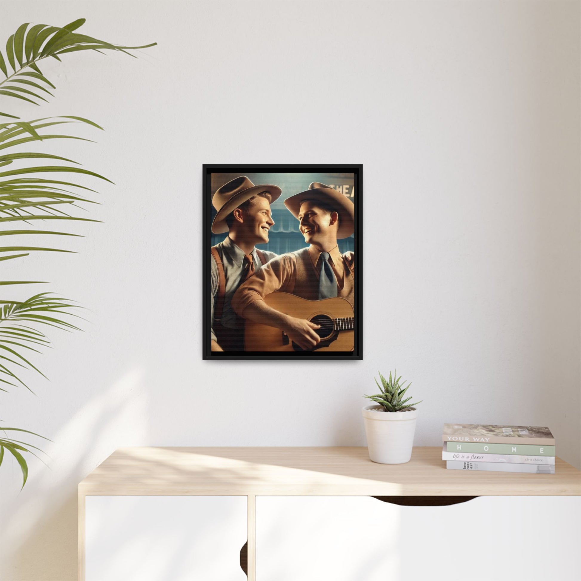 Artwork of a gay couple recording a country-western song in a 1930s-style studio. Dressed in classic Western attire with wide-brimmed hats and button-up shirts, the two men share an affectionate gaze, capturing love and unity in a nostalgic, vintage setting.