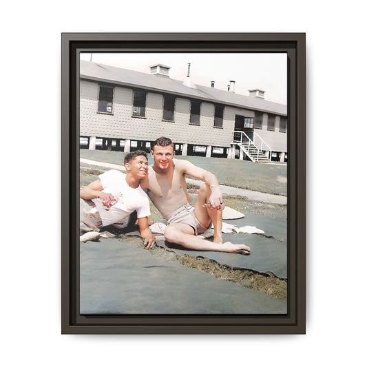 A framed vintage military portrait on matte canvas featuring Wayne and Jerry at Camp Blanding, Florida, capturing a timeless LGBTQ+ connection and companionship.
Gay Couple