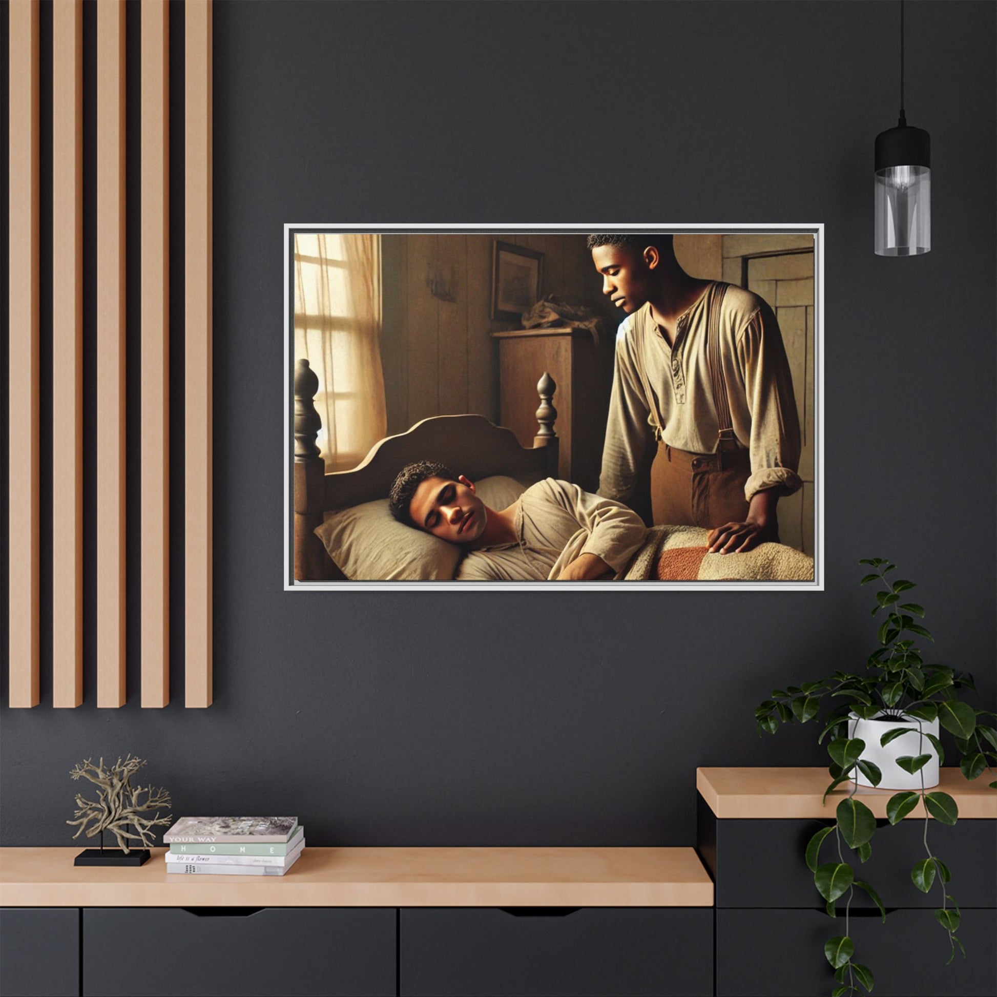 Grant 007 artwork depicting an African-American queer couple in a tender, intimate moment within a rustic bedroom. This scene, bathed in warm, nostalgic light, captures the love and quiet resilience of rural life, celebrating LGBTQ+ representation and African-American heritage.