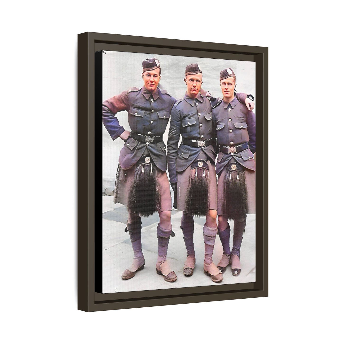 A restored vintage portrait of Gordon Highlanders in Glasgow, Scotland. This framed matte canvas honors Scottish military history, tradition, and unity.