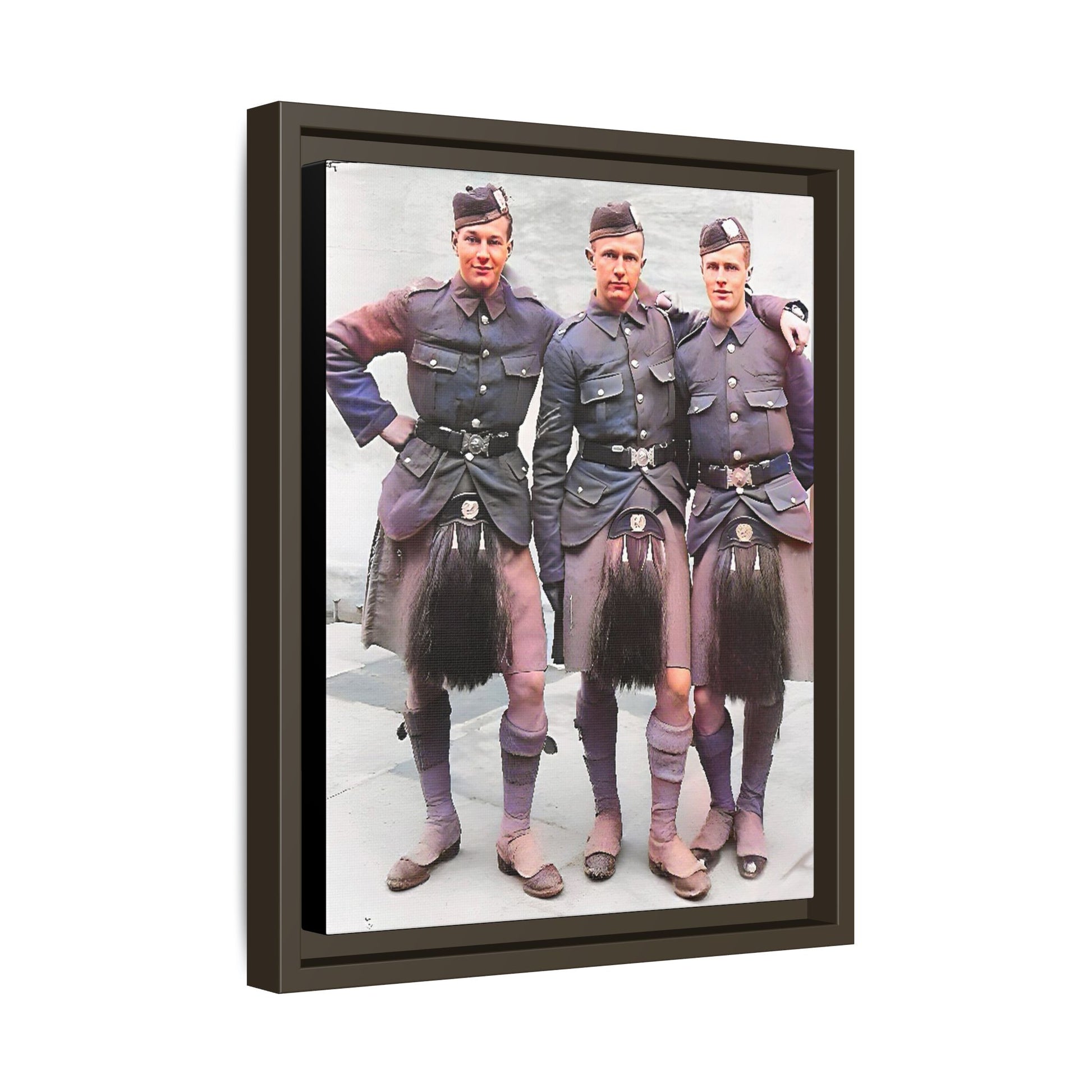 A restored vintage portrait of Gordon Highlanders in Glasgow, Scotland. This framed matte canvas honors Scottish military history, tradition, and unity.