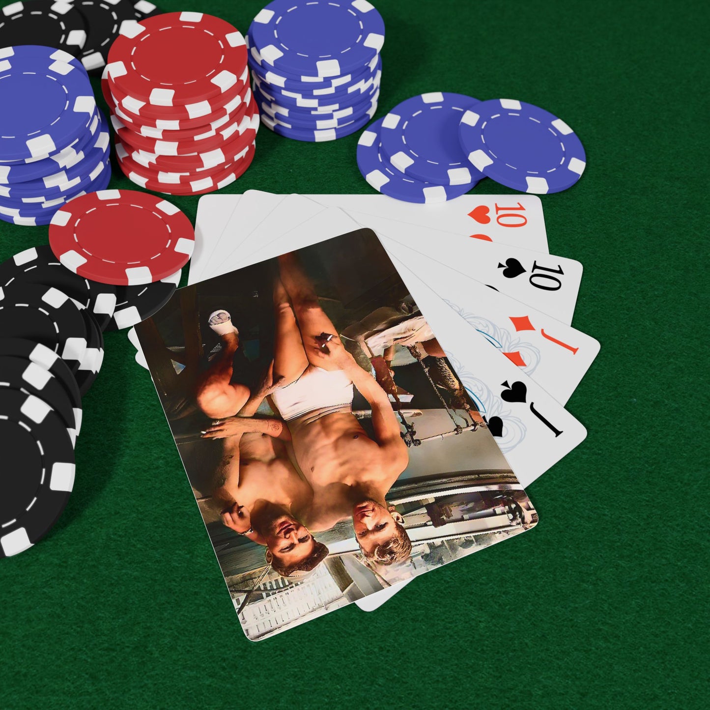 Vintage poker cards featuring a restored photo of two shirtless men with maritime surroundings, honoring LGBTQ+ love and history.