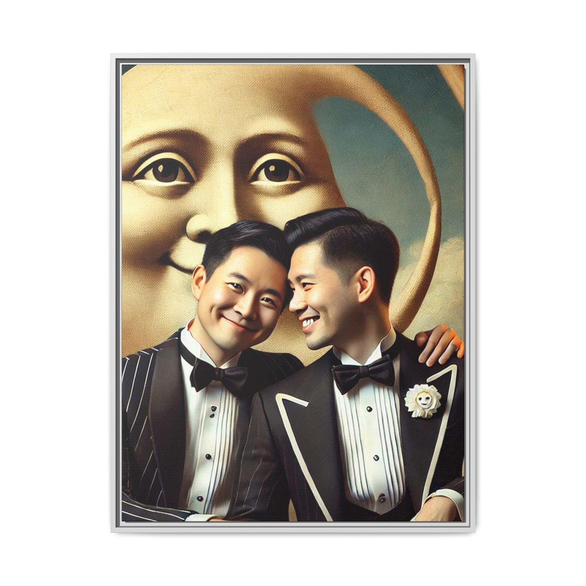 Framed matte canvas featuring a joyful queer Asian couple in tuxedos standing beneath a crescent moon. This artwork, part of the Missing Art Studies series, reimagines erased queer histories with warmth, dignity, and vintage-inspired style.