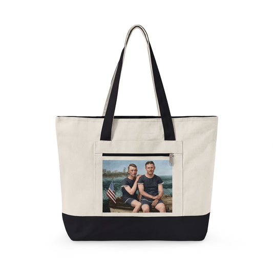 Two men in vintage swimwear coastal canvas tote