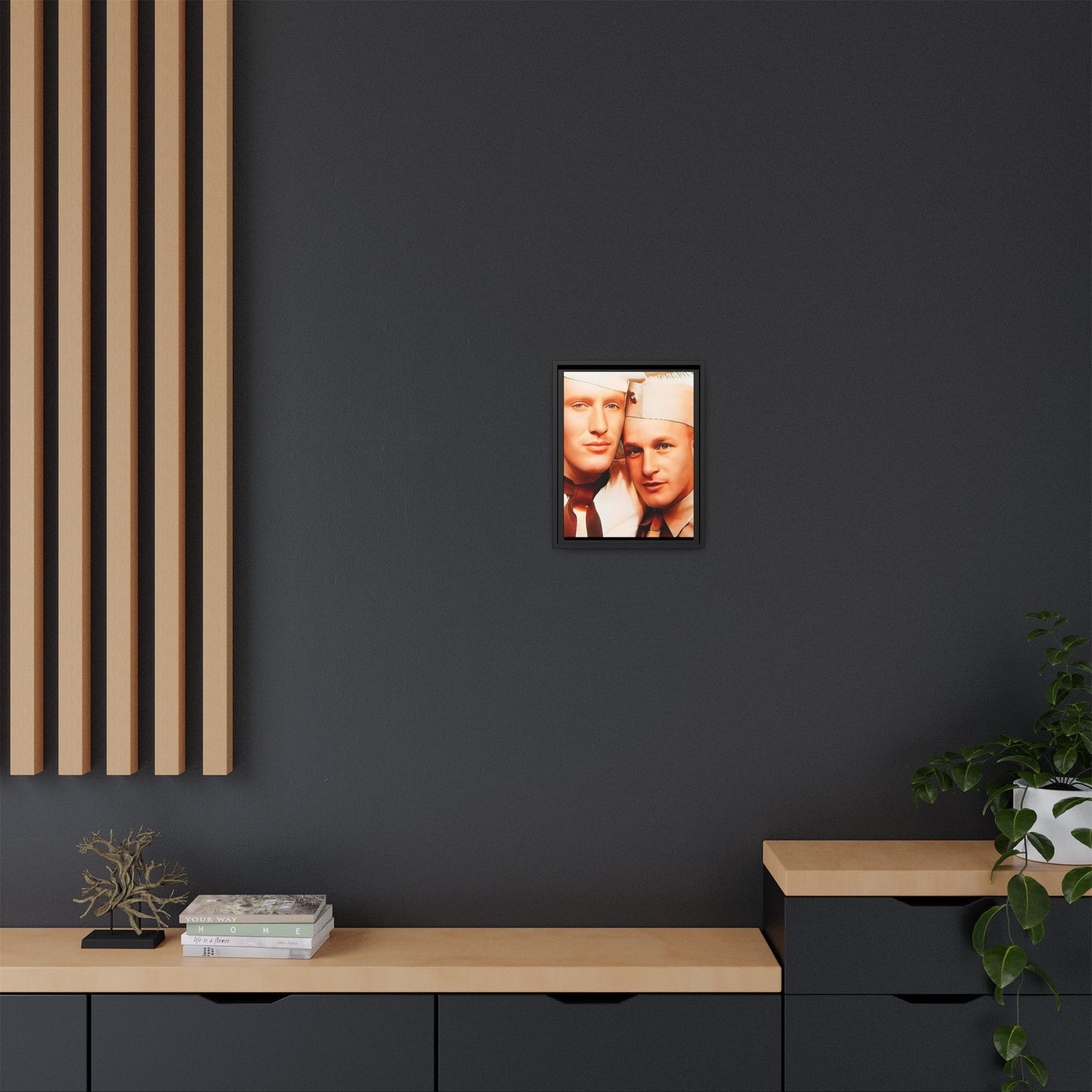 Vintage Gay photo booth portrait of Glenn & Sidney in Nantucket, MA. A heartwarming tribute to queer history, captured in a candid embrace. Available as a matte canvas print, perfect for celebrating love, identity, and nostalgia. Military Portrait