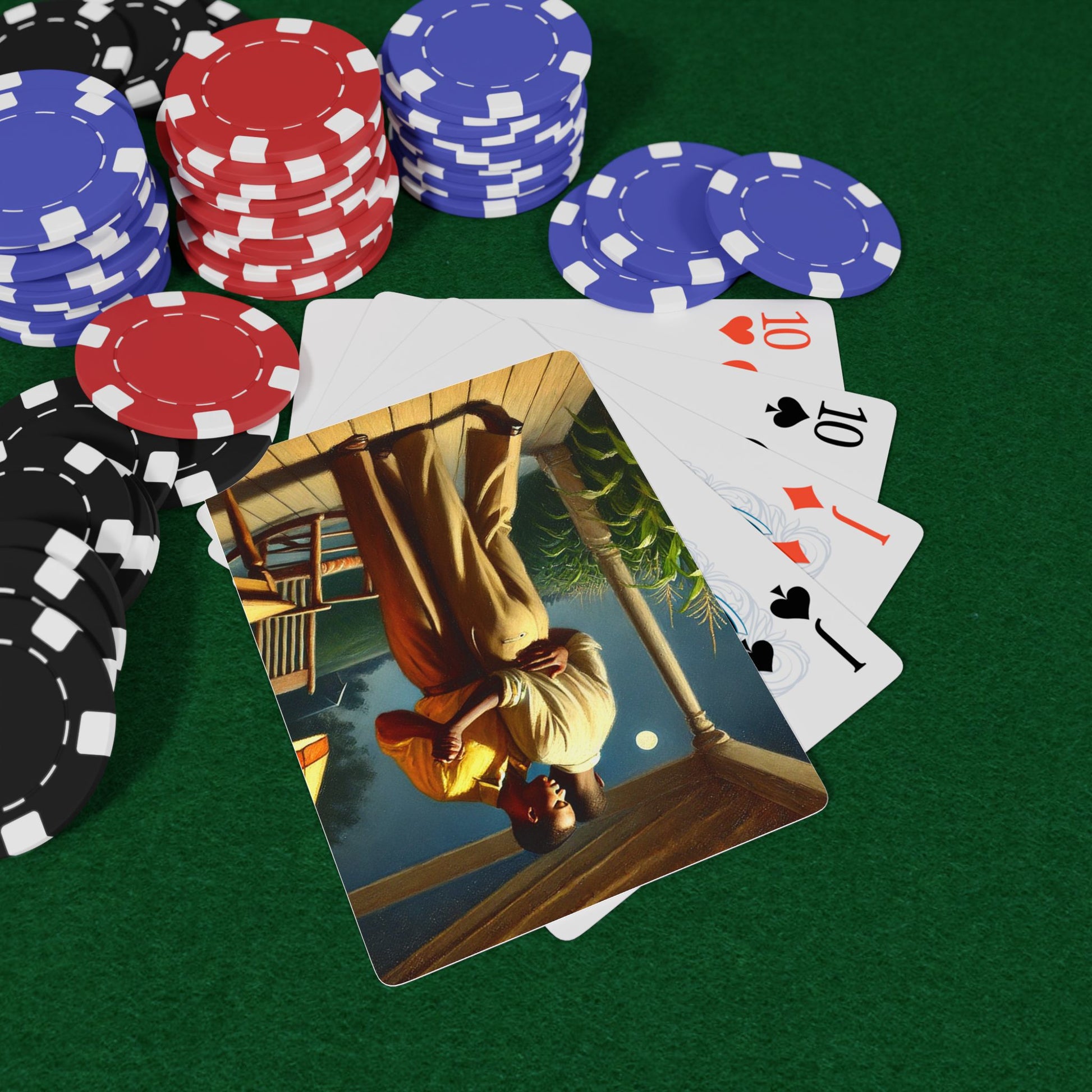 Vintage-style poker cards featuring two Black men dancing on a rural porch under moonlight, symbolizing Queer love and resilience. Black Love