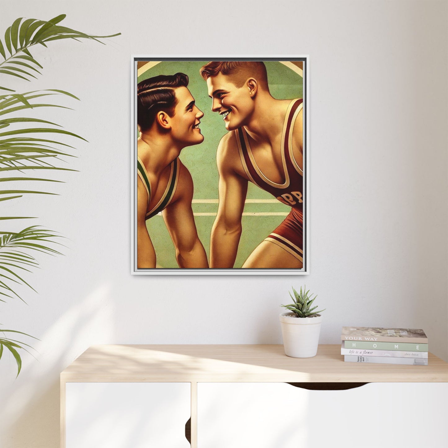 Framed artwork of two young wrestlers in vintage singlets on a stylized mat, inspired by Grant Wood's nostalgic Americana style.