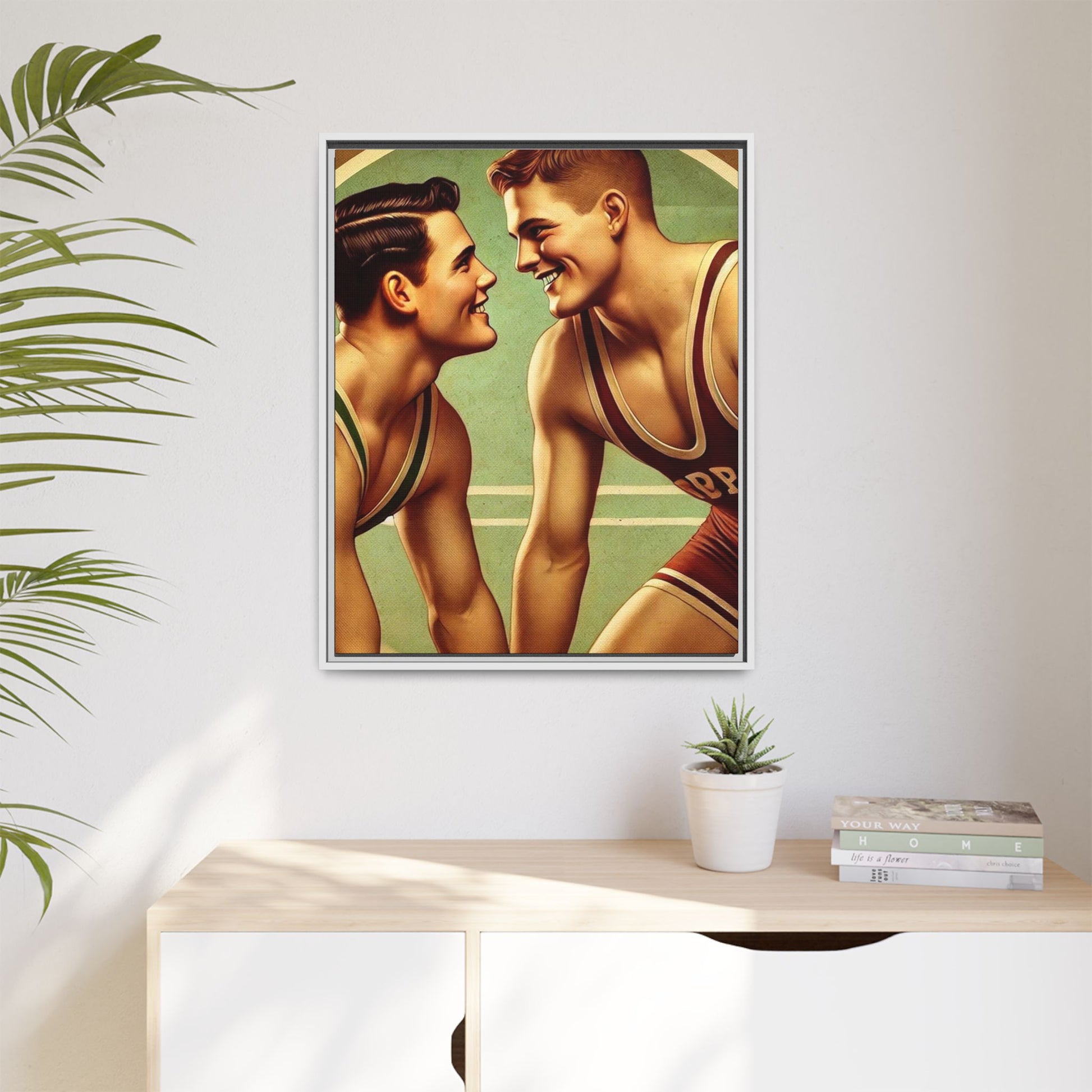 Framed artwork of two young wrestlers in vintage singlets on a stylized mat, inspired by Grant Wood's nostalgic Americana style.