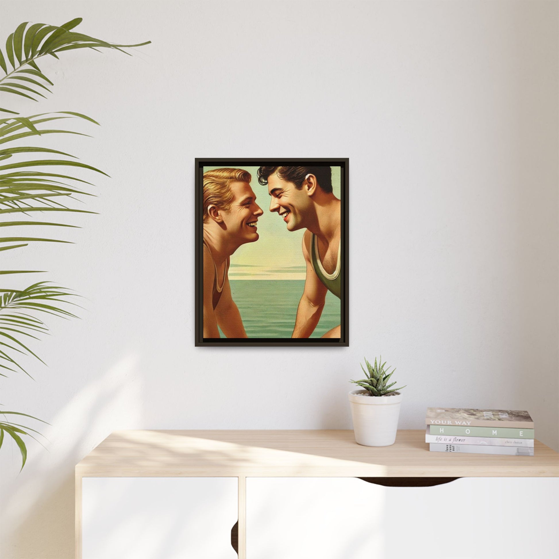 Vintage-style artwork of a joyful 1930s moment between a gay couple by the lake, dressed in classic swimwear and sharing warm smiles. Set on a serene wooden dock, this piece captures love, companionship, and LGBTQ+ history in an idyllic, nostalgic summer setting.
