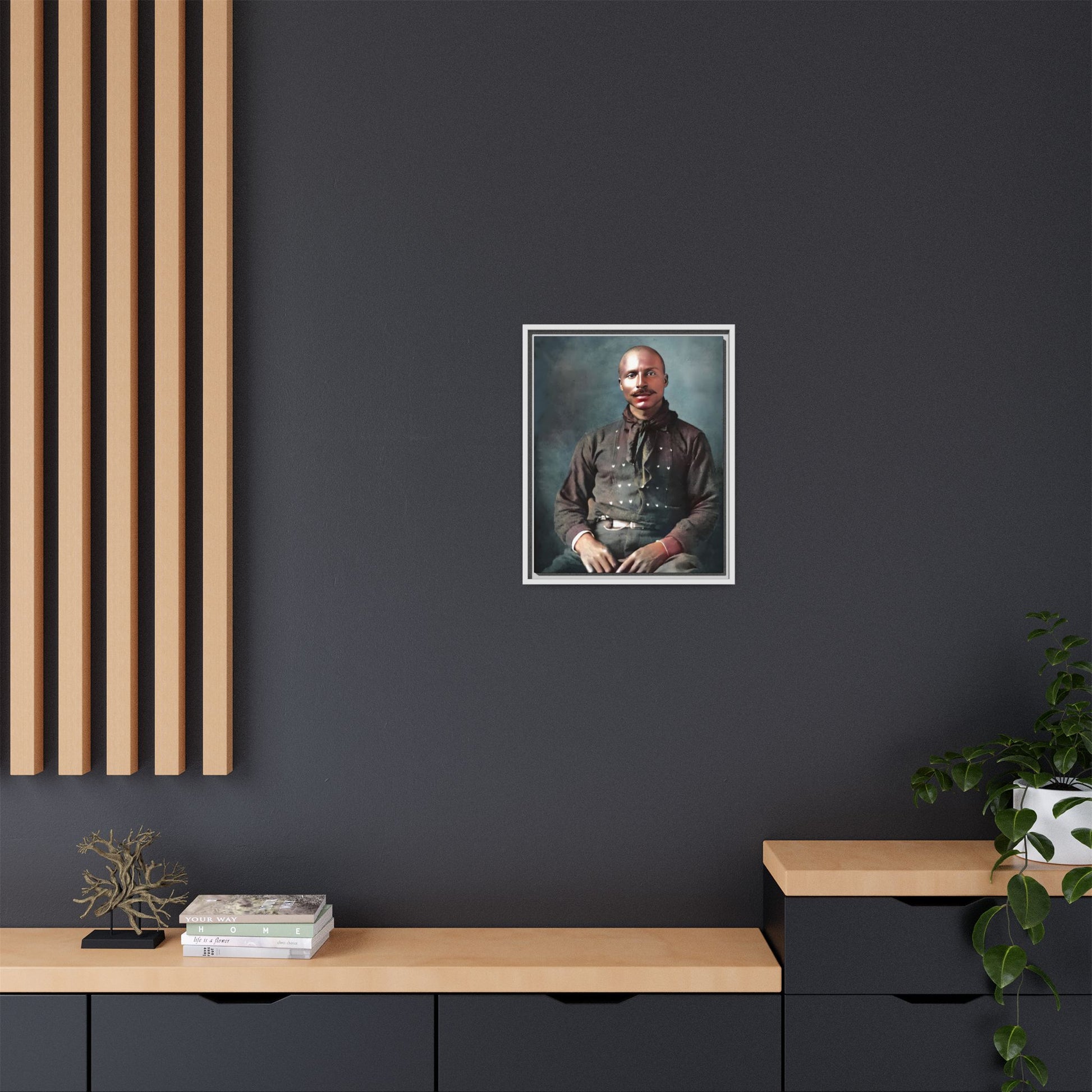 A vintage Western portrait of Jorge, capturing the rugged charm of the Old West in Mesa, Arizona. This framed matte canvas showcases resilience and classic cowboy style, perfect for rustic, Western, or Americana-inspired decor. Hispanic Latino