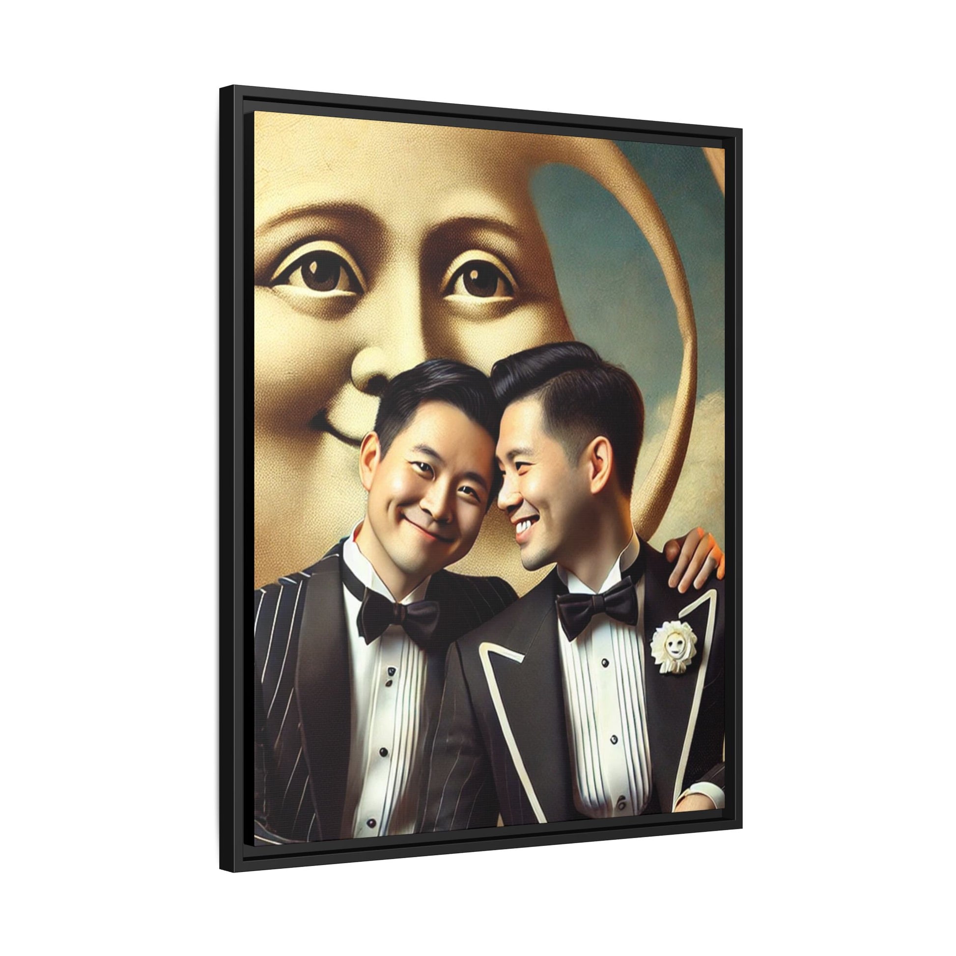 Framed matte canvas featuring a joyful queer Asian couple in tuxedos standing beneath a crescent moon. This artwork, part of the Missing Art Studies series, reimagines erased queer histories with warmth, dignity, and vintage-inspired style.