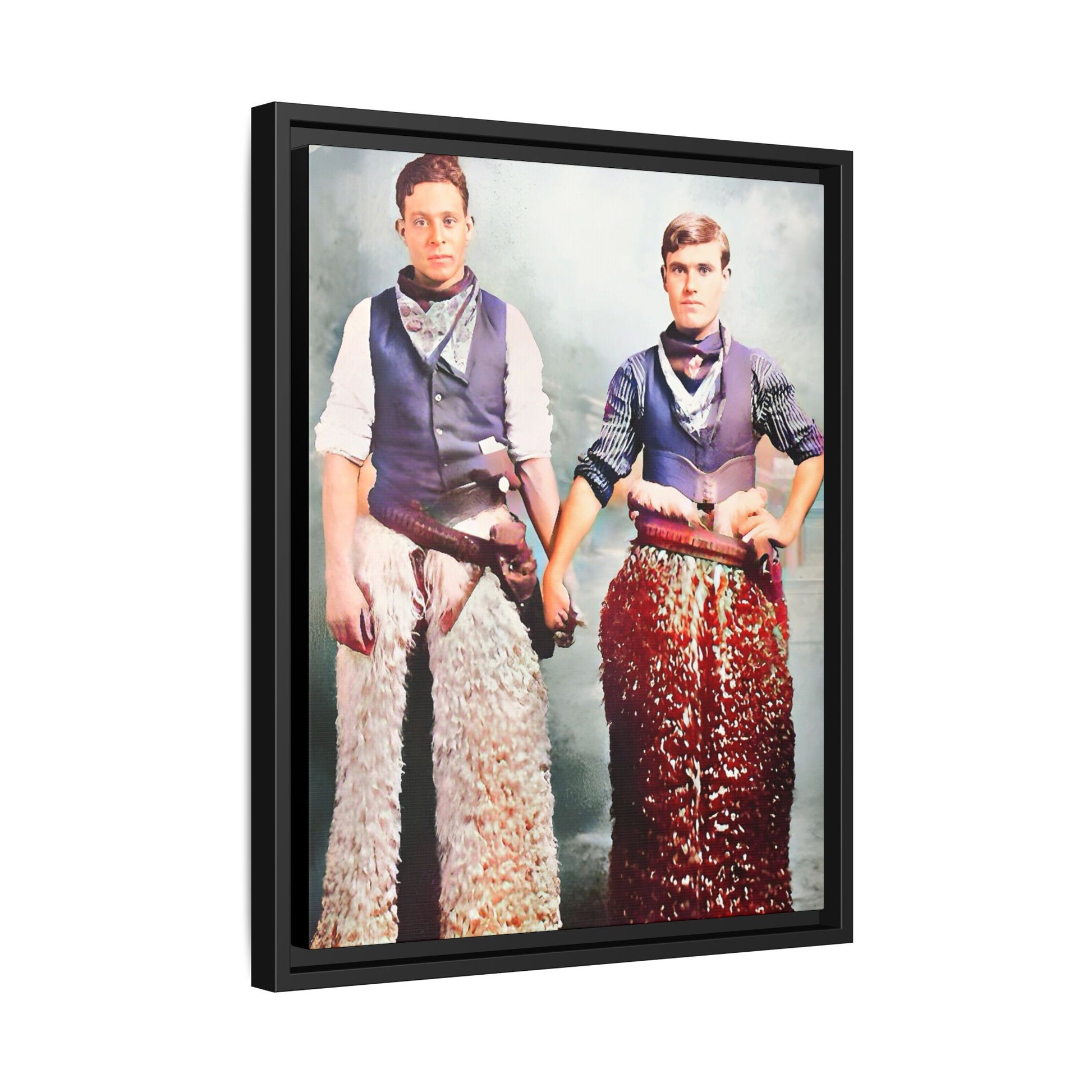 Restored colorized vintage photo of two cowboys, Kline & Autry, holding hands in Carson City, early 20th century. Gay Couple