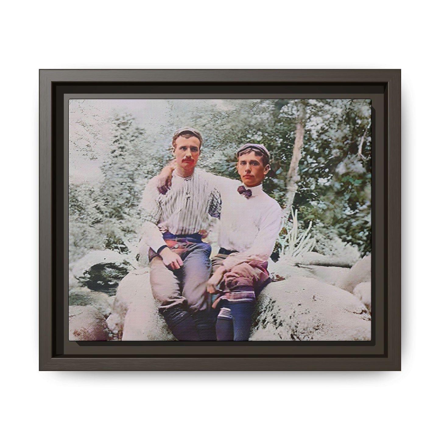 A framed vintage love portrait on matte canvas featuring Grover and Emil in Villamont, Virginia, capturing timeless LGBTQ+ connection and companionship. Gay Couple