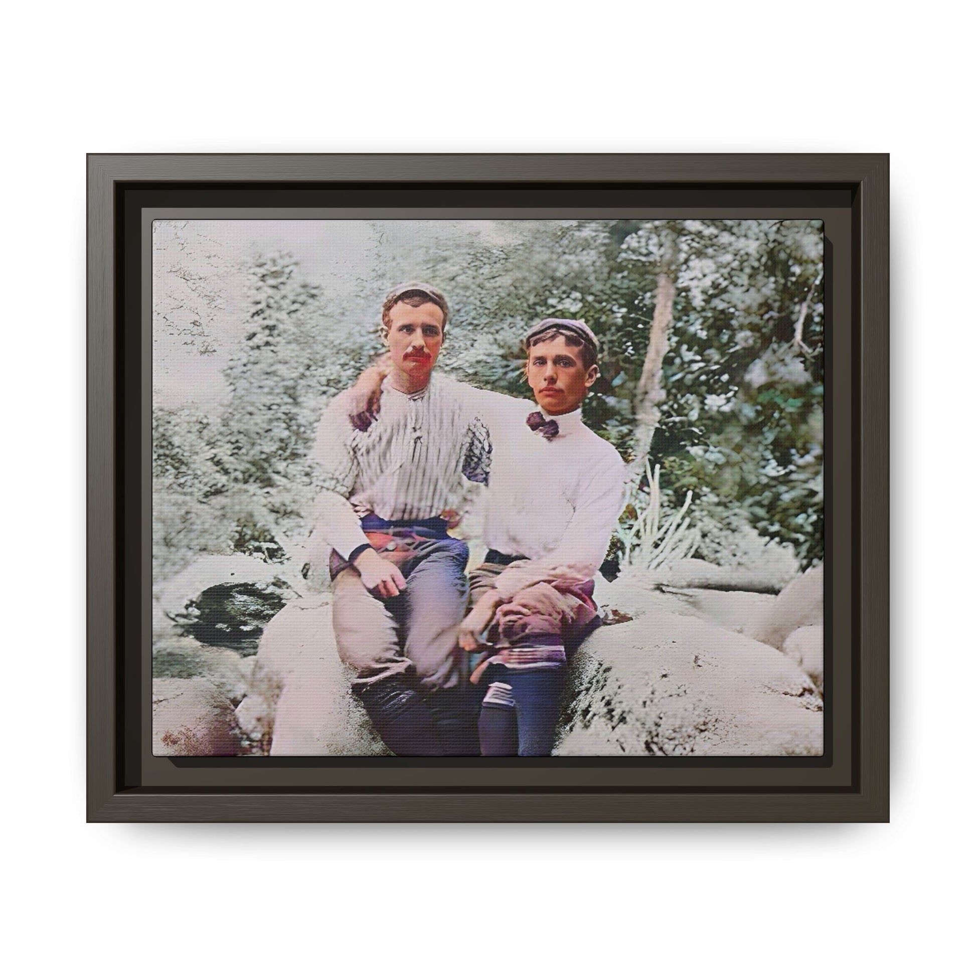 A framed vintage love portrait on matte canvas featuring Grover and Emil in Villamont, Virginia, capturing timeless LGBTQ+ connection and companionship. Gay Couple