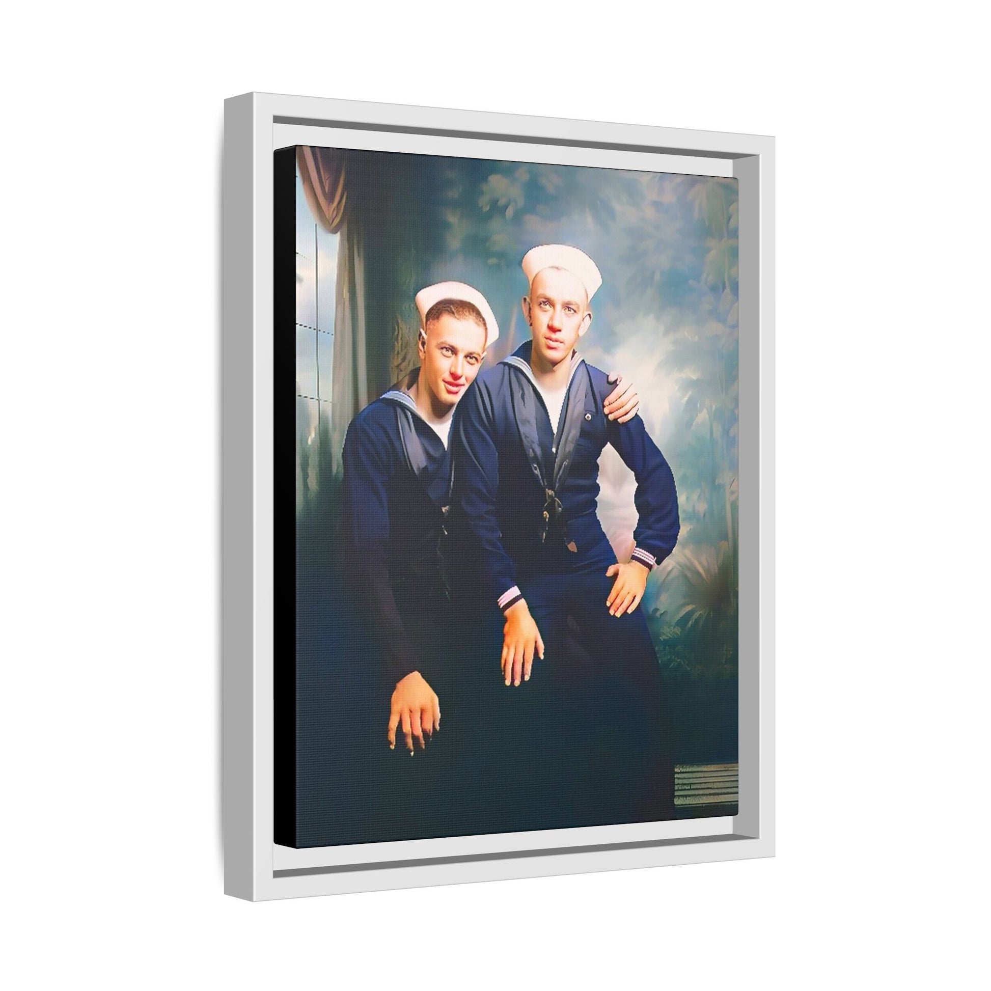 A restored vintage naval portrait of Thomas & Ervin at Naval Station Newport, Rhode Island. This framed matte canvas honors LGBTQ+ history, military service, and timeless camaraderie. Gay Couple