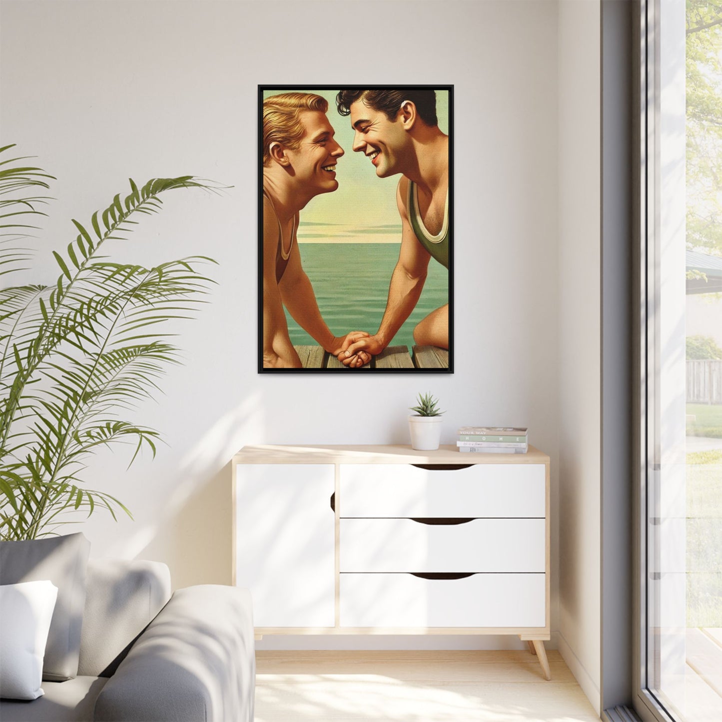 Vintage-style artwork of a joyful 1930s moment between a gay couple by the lake, dressed in classic swimwear and sharing warm smiles. Set on a serene wooden dock, this piece captures love, companionship, and LGBTQ+ history in an idyllic, nostalgic summer setting.