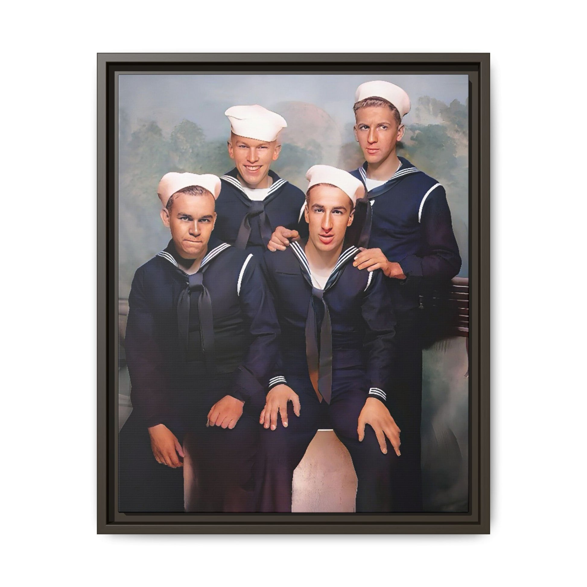 A framed vintage naval portrait on matte canvas featuring four sailors at Naval Station Great Lakes, capturing unity, service, and military pride.