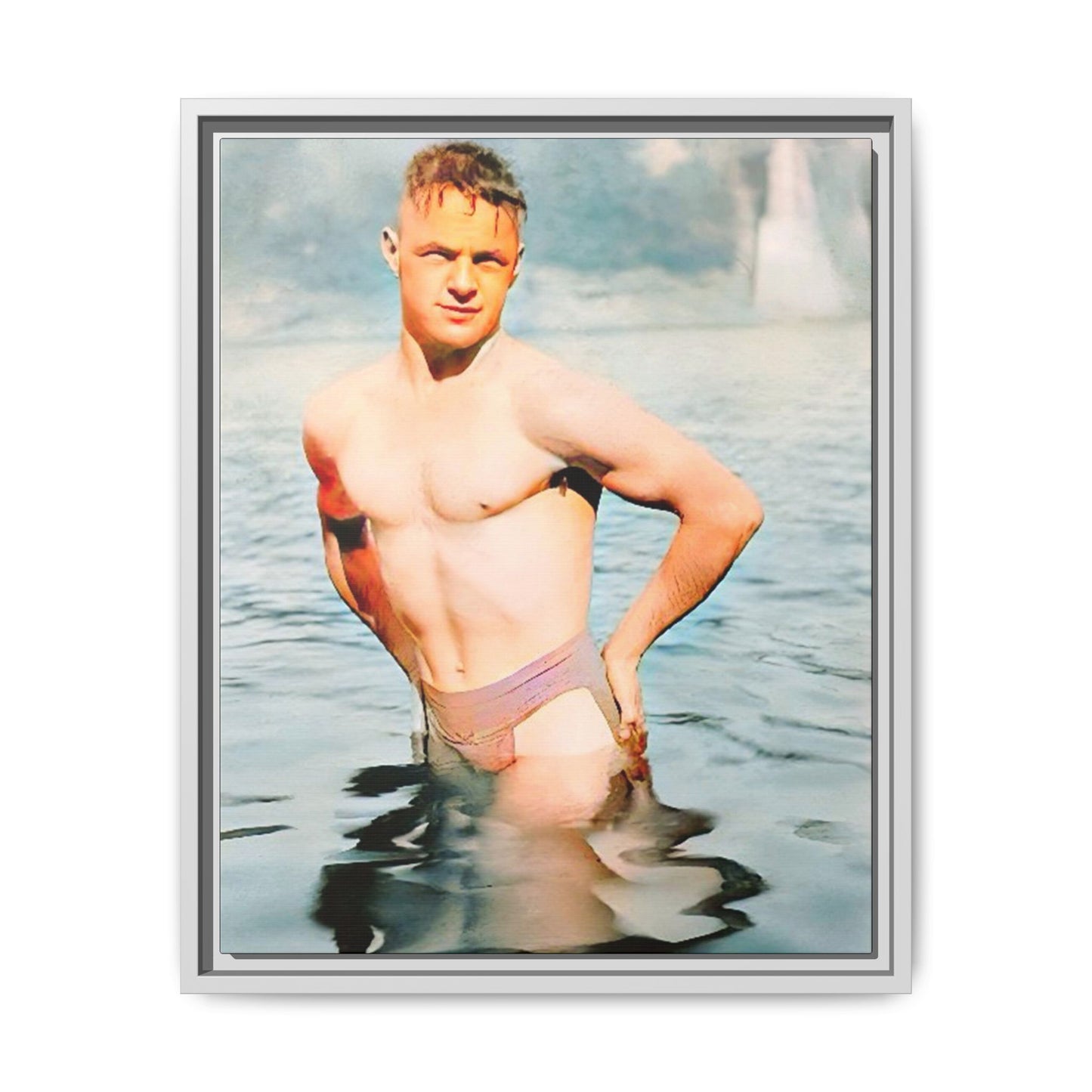 Restored 1940s vintage photo of Lewis standing waist-deep in Lake Wawasee, Indiana, radiating confidence and vitality, framed as wall art.